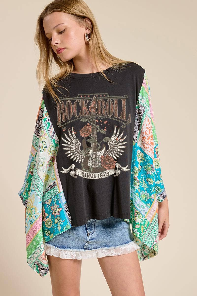 Rock N Roll Vintage Graphic Rustic Sheer Sleeves Kaftan Top