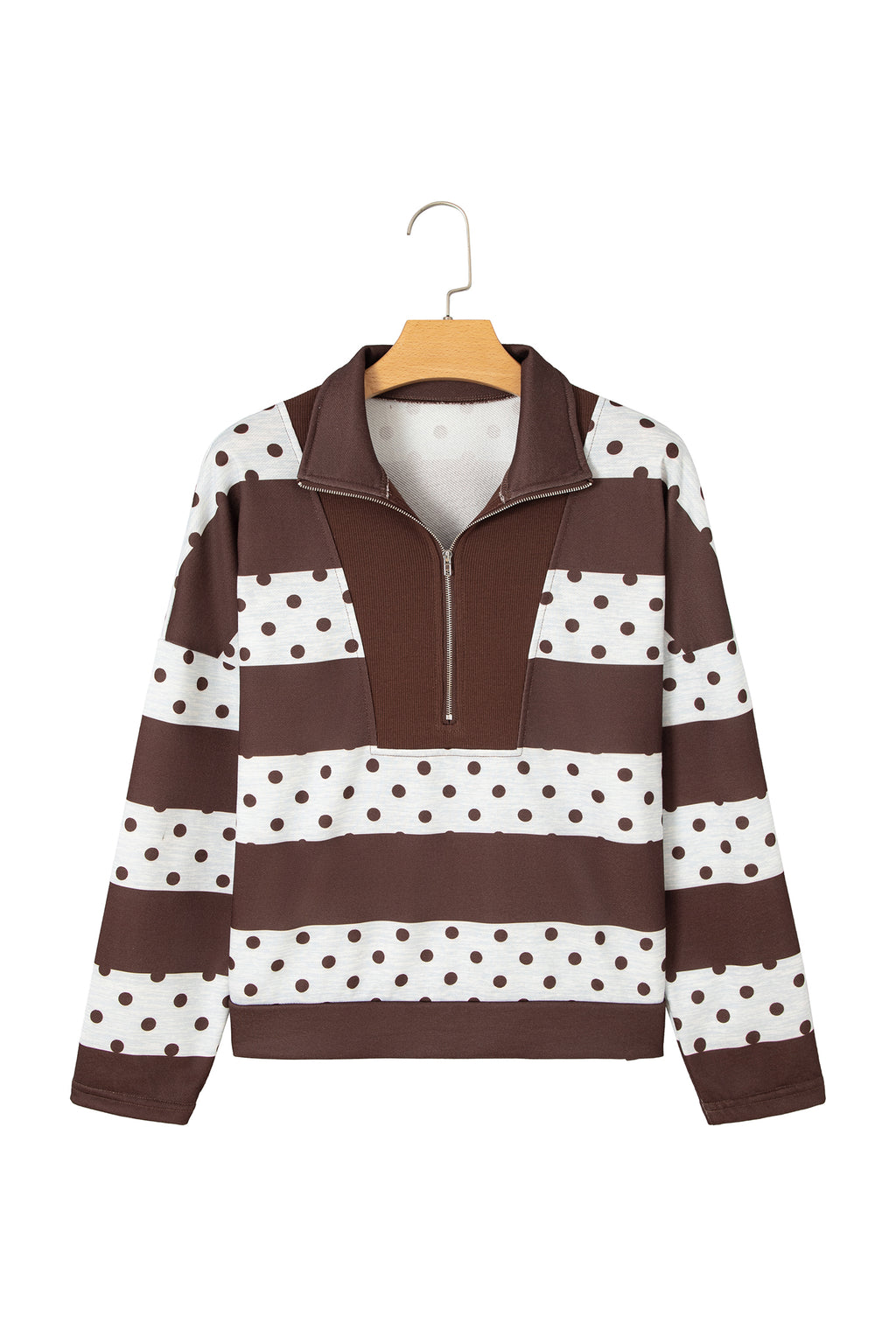 Pink Stripe Patchwork Polka Dot Accent Quarter Zip Long Sleeve Top