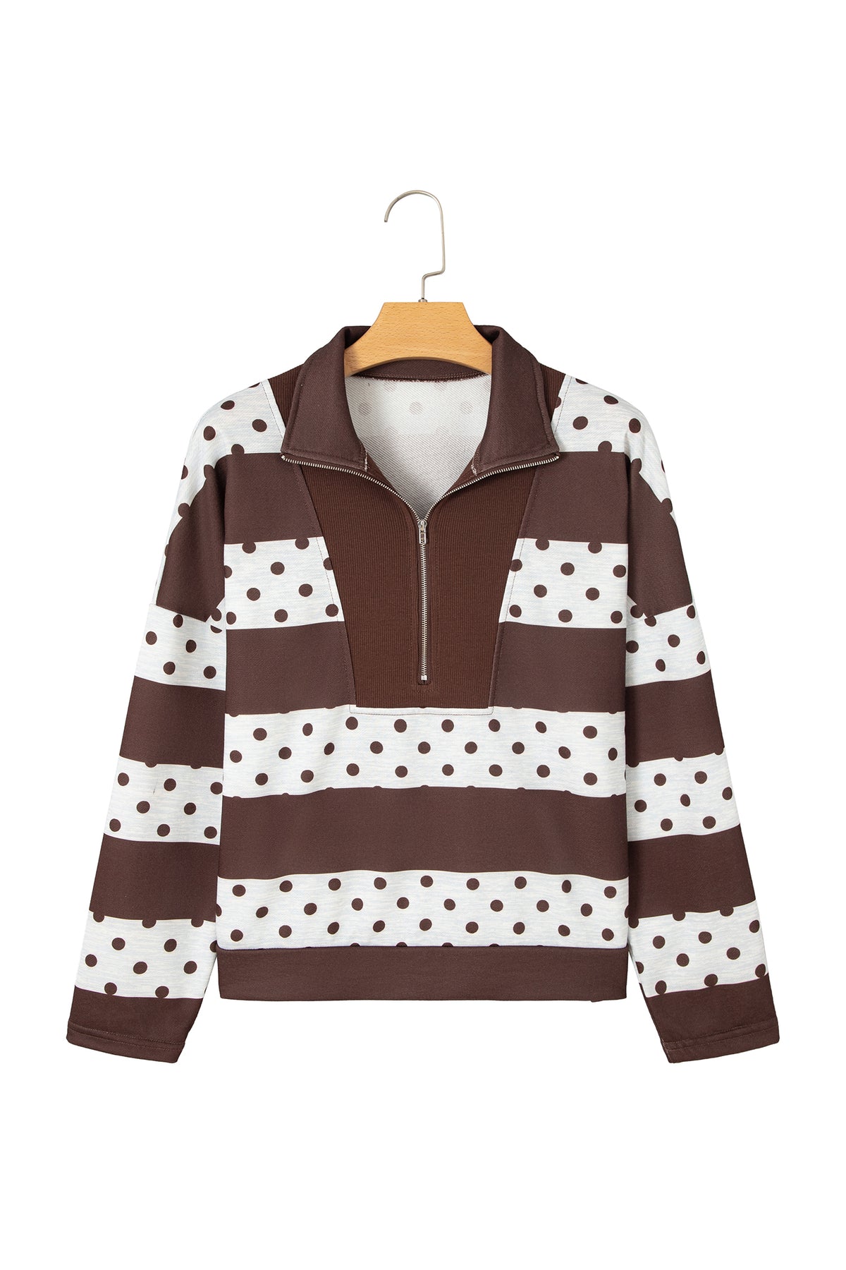 Pink Stripe Patchwork Polka Dot Accent Quarter Zip Long Sleeve Top