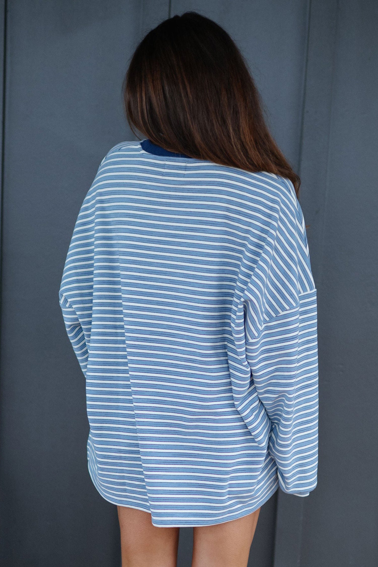 Sky Blue Stripe Long Sleeve Oversized Top Pocketed Casual Shorts Two Piece Set