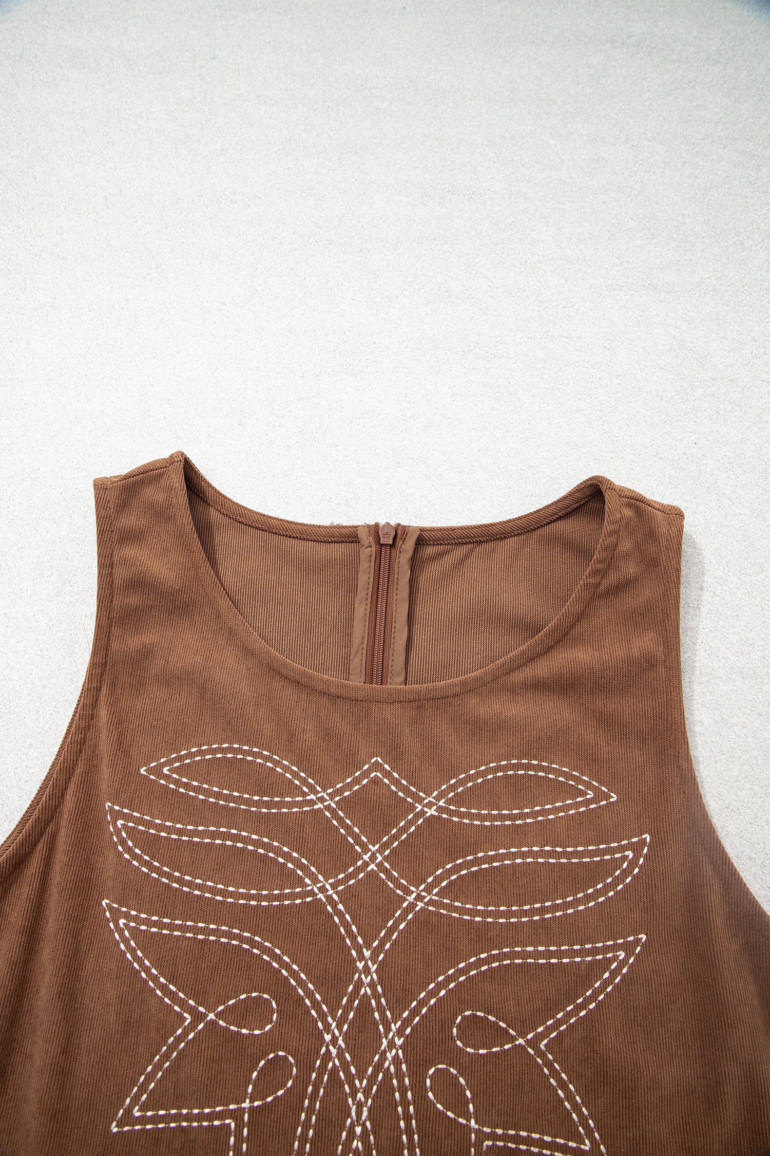 Coffee Geometric Embroidery Sleeveless Corduroy Shift Dress