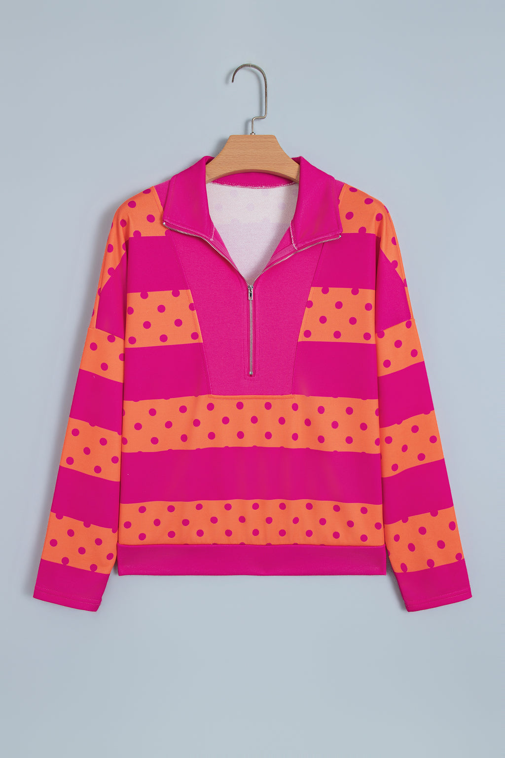 Pink Stripe Patchwork Polka Dot Accent Quarter Zip Long Sleeve Top