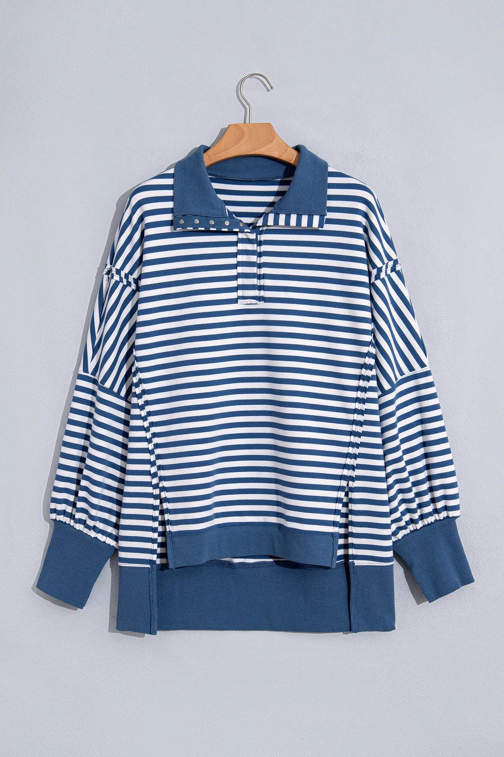 Blue Stripe Color Block Trim Raw Seam Split Hem Loose Pullover Sweatshirt