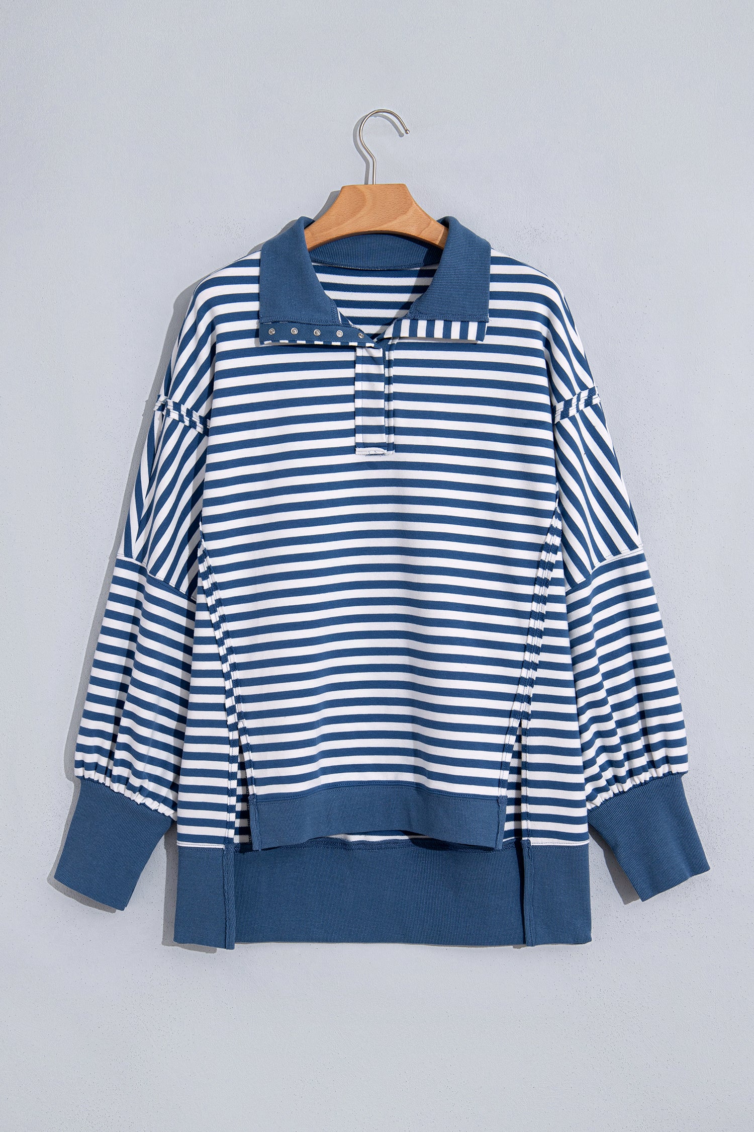 Blue Stripe Color Block Trim Raw Seam Split Hem Loose Pullover Sweatshirt