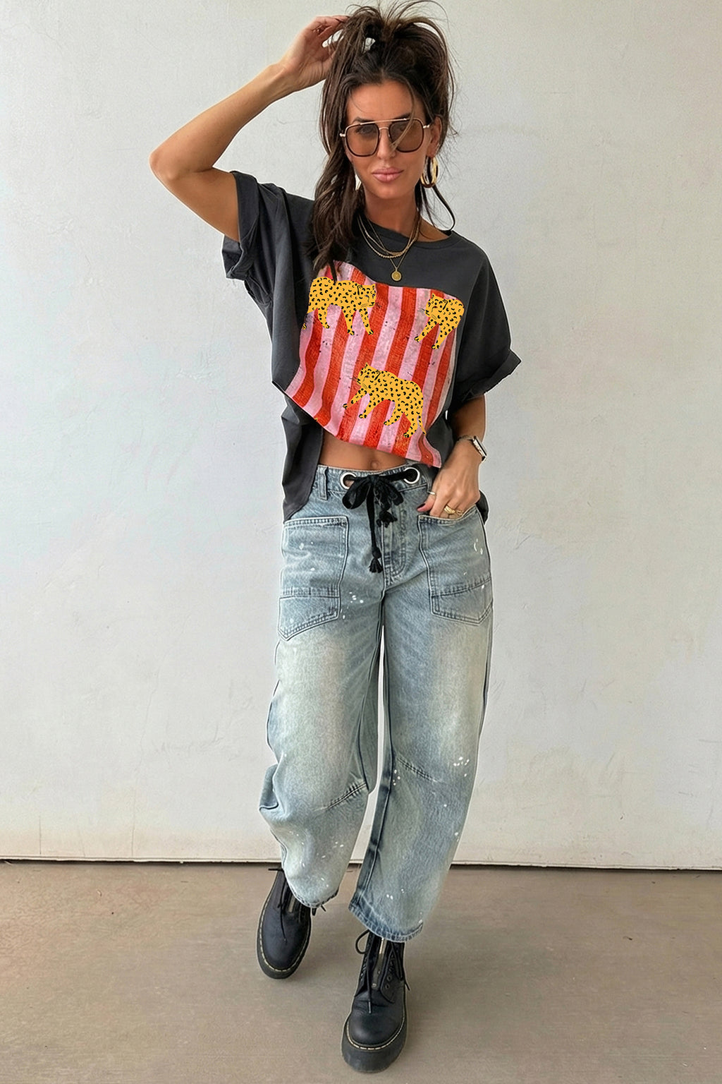 White Cheetah Striped Print Retro Fashion Graphic Tee