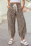Leopard Print Lace Trim Ankle Length Casual Pants