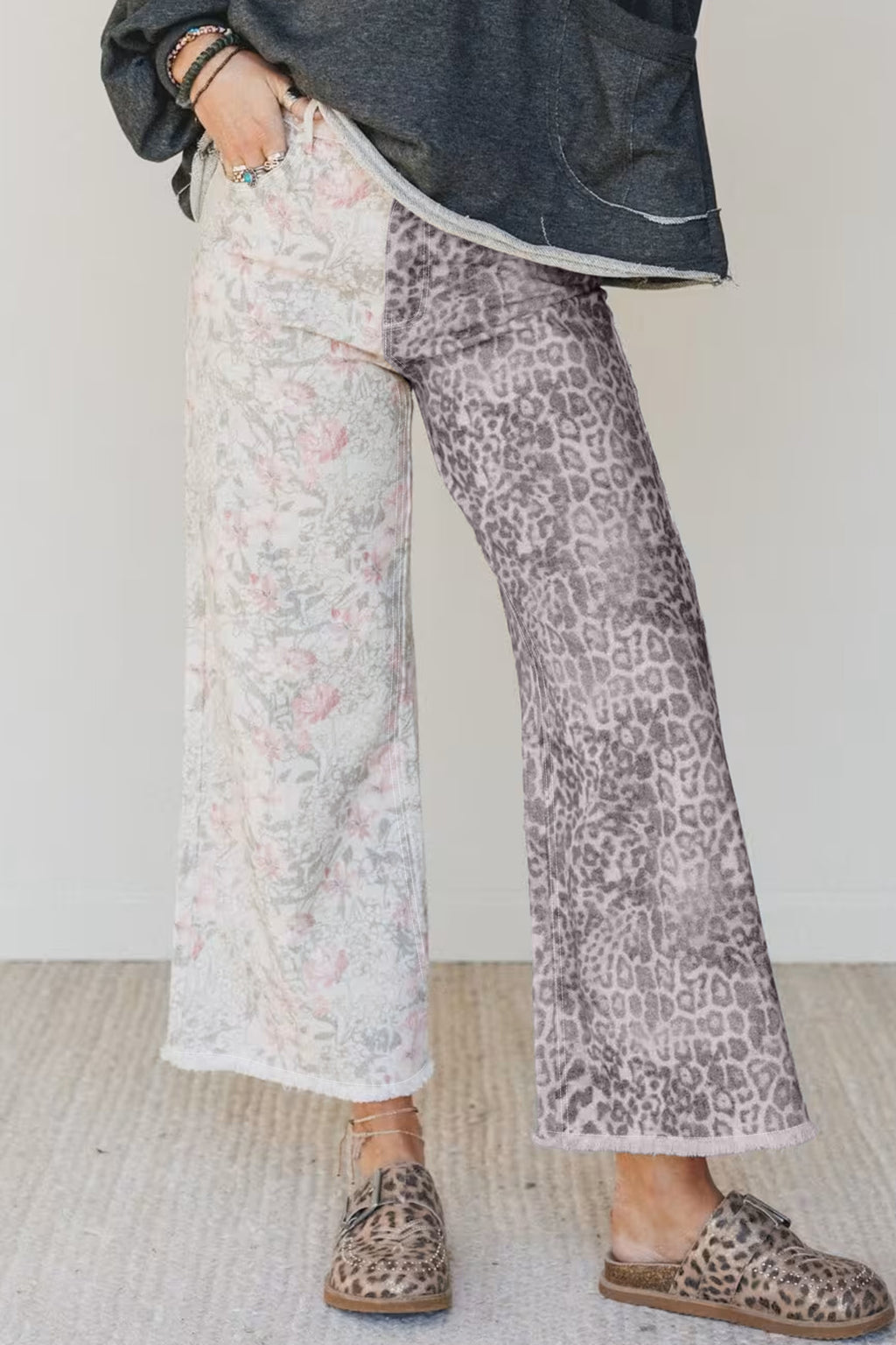 Multicolour Retro Floral Leopard Contrast Patchwork Raw Hem Jeans