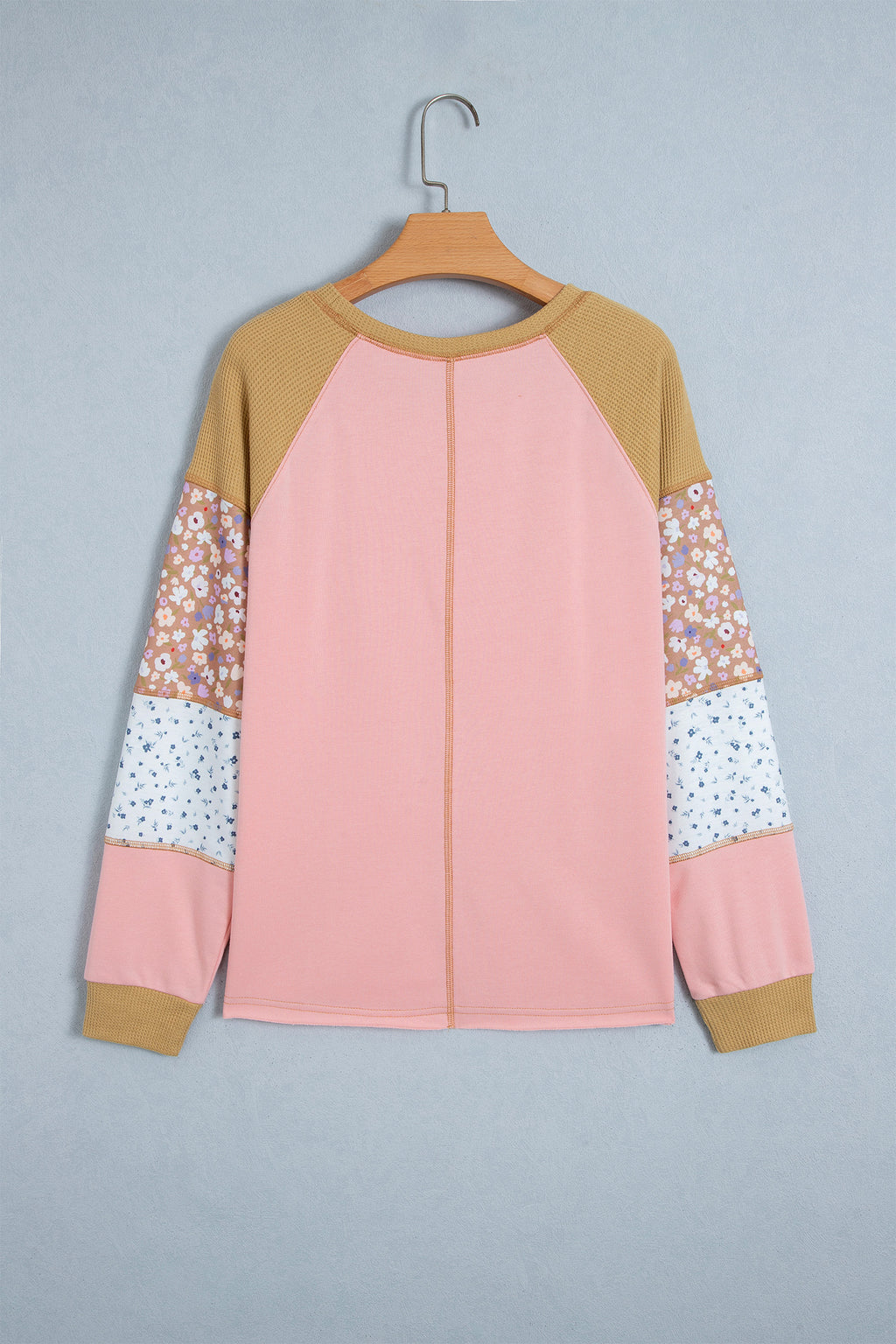 Light Grey Color Block Floral Waffle Mixed Patchwork Long Sleeve Top