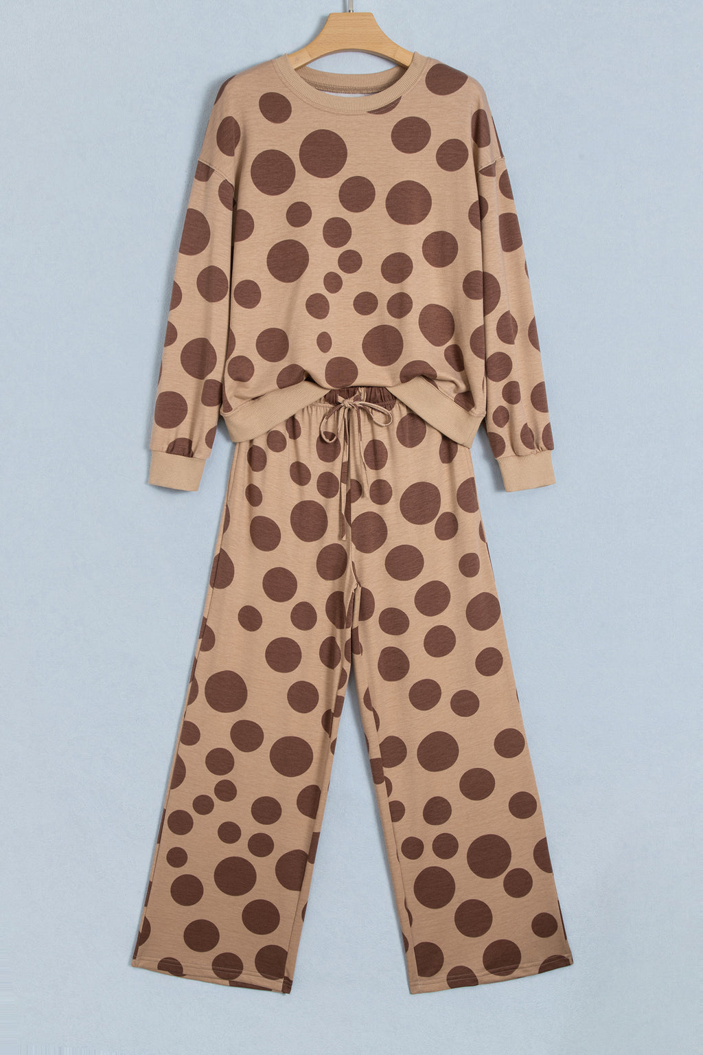 White Polka Dot Long Sleeve Top Drawstring Relaxed Pants Set