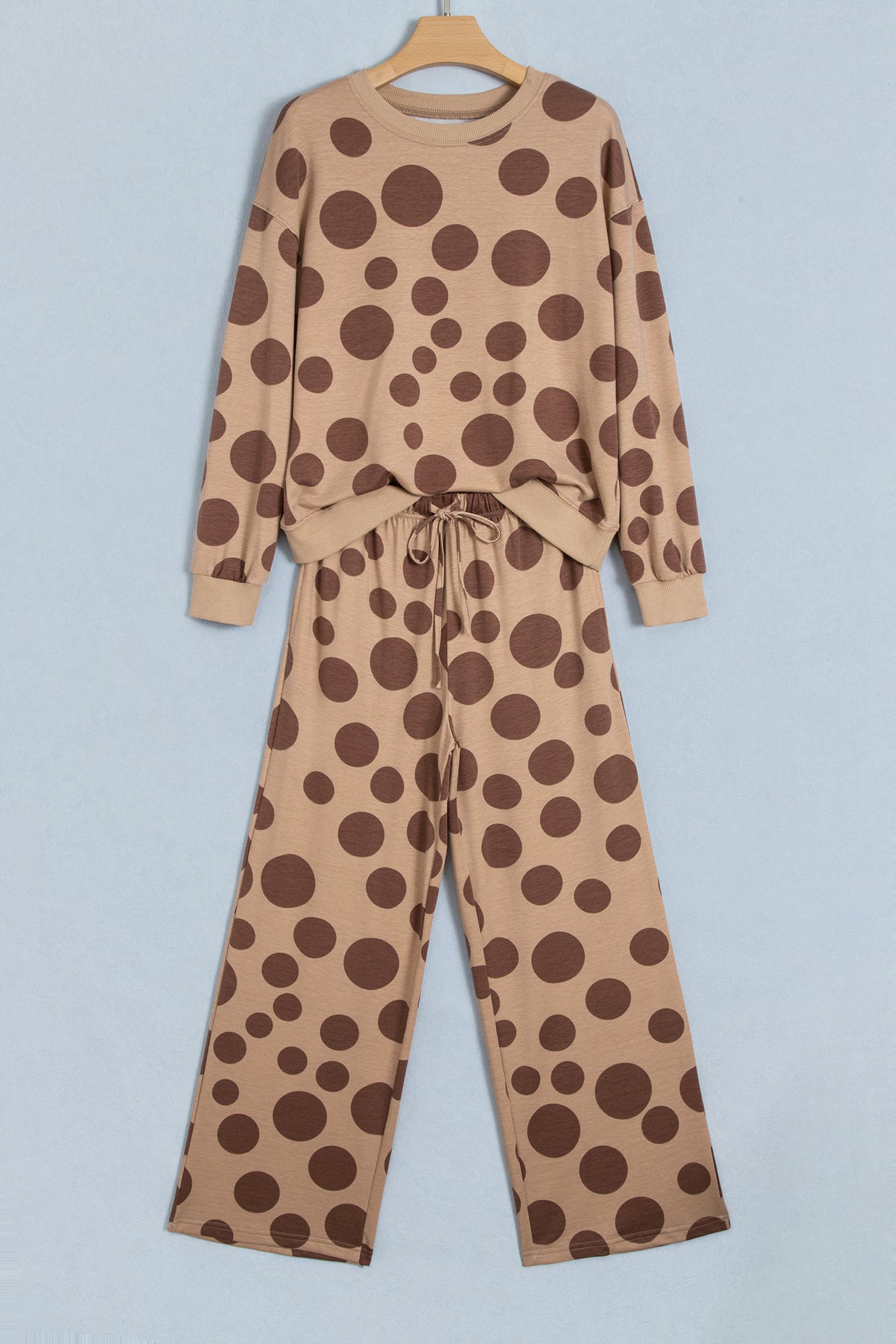 White Polka Dot Long Sleeve Top Drawstring Relaxed Pants Set