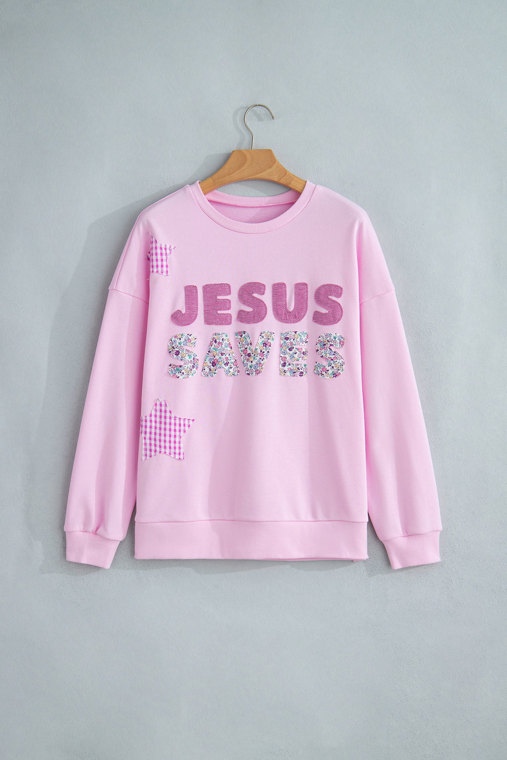Pink Patchwork Stars Plaid Unique Floral Letters Baggy Sweatshirt