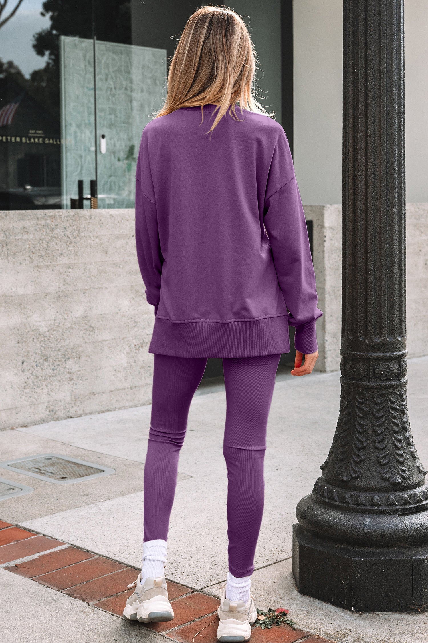 Jet Stream Solid Color Oversize Slit Sweatshirt Ribbed Leggings 2pcs Set