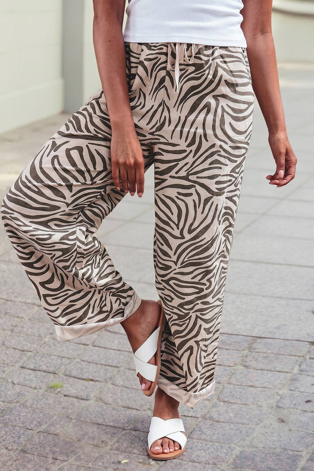 Zebra Striped Print High Waist Wide Leg Loungewear Pants