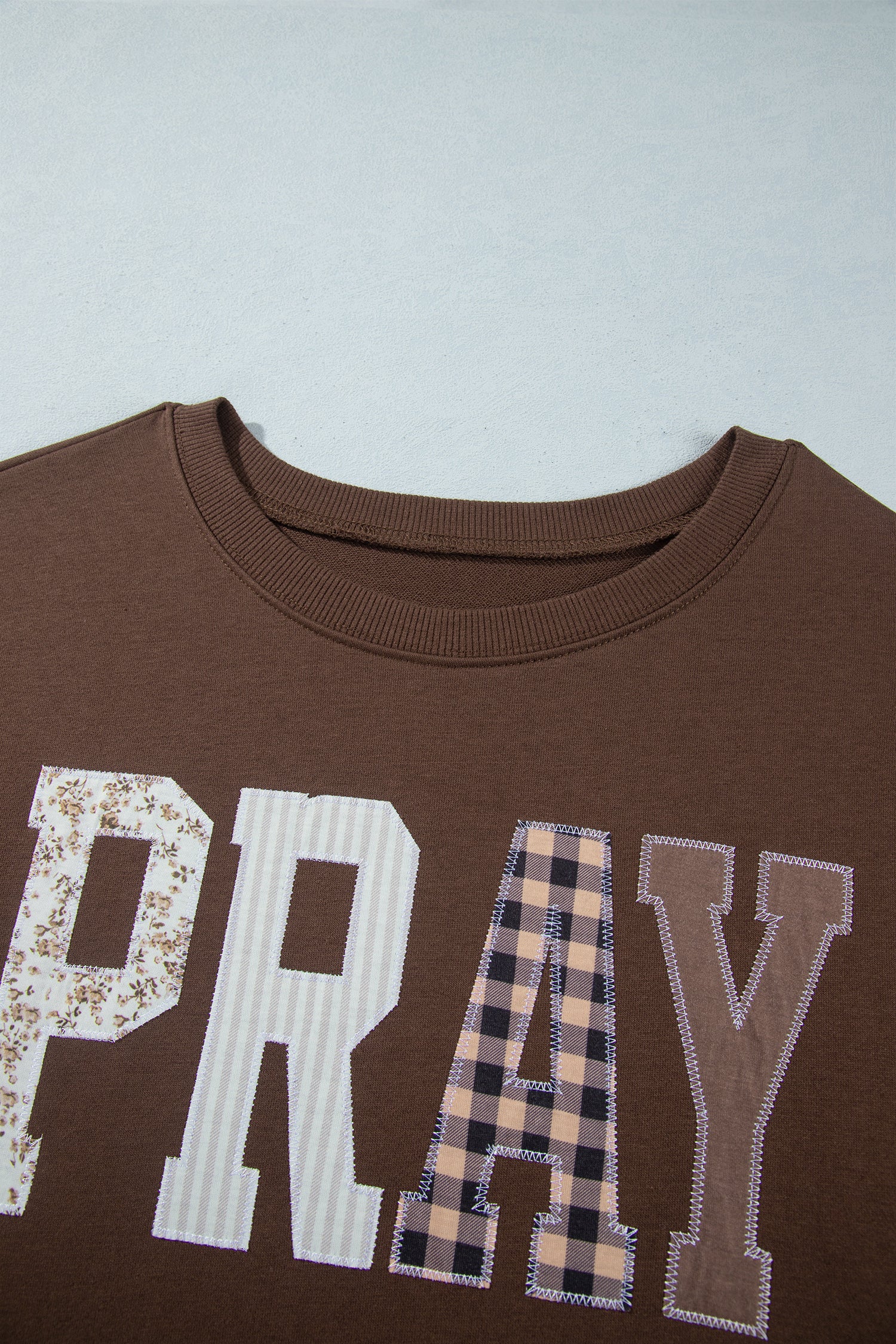 Coffee PRAY Letter Patchwork Round Neck Long Sleeve Plus Size Sweatshirt