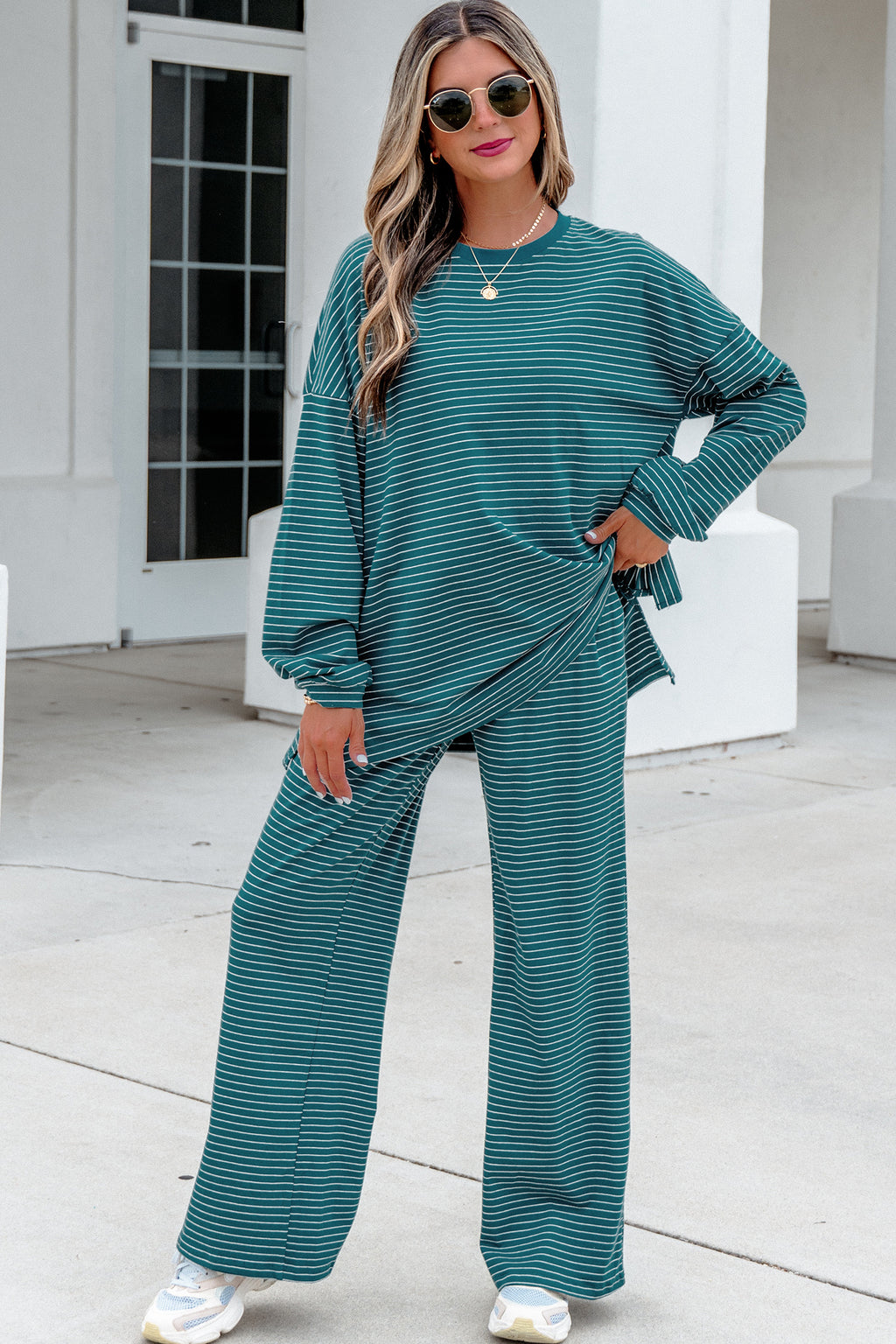 Green Stripe Dropped Shoulder Long Sleeve Top Elastic Waist Pants Casual 2pcs Set