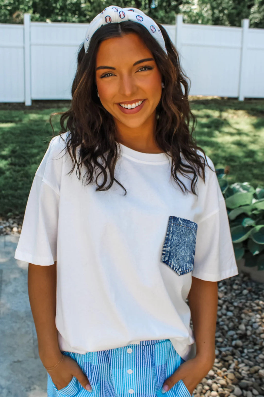 White Color Block Chest Pocket Patched Casual Short Sleeve Top