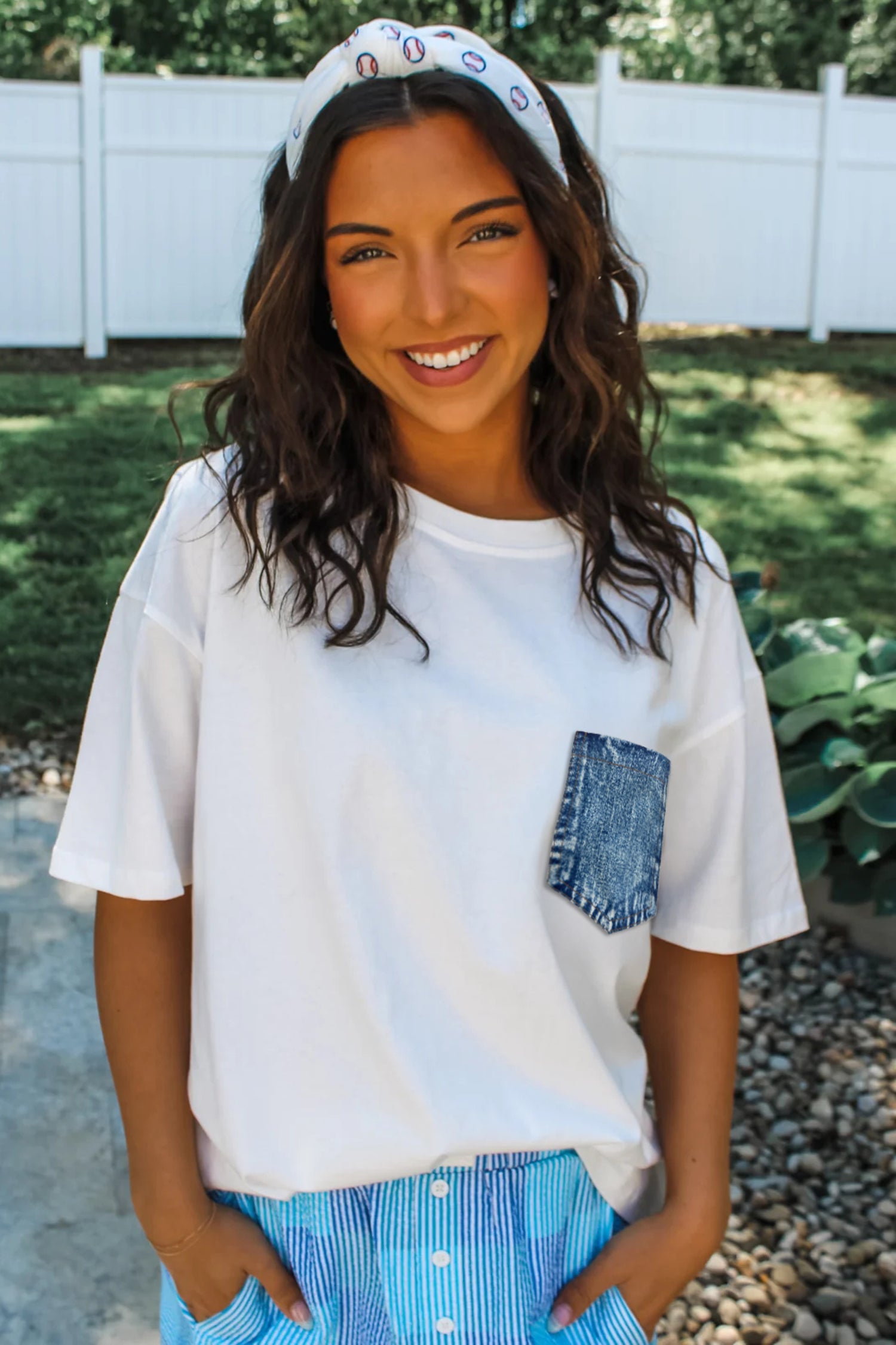 White Color Block Chest Pocket Patched Casual Short Sleeve Top