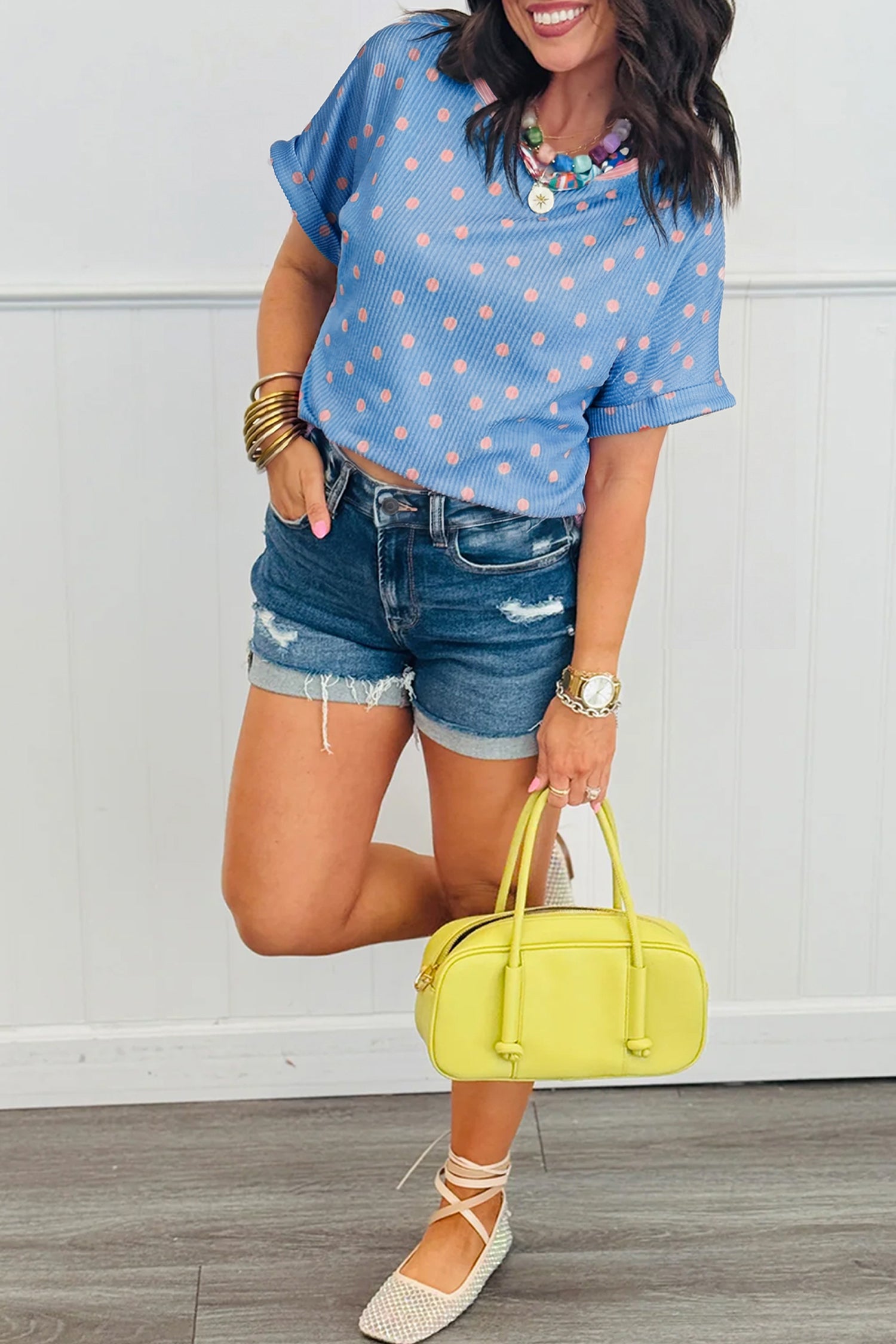Sky Blue Raised Rib Polka Dot Print Cuffed Short Sleeve Top