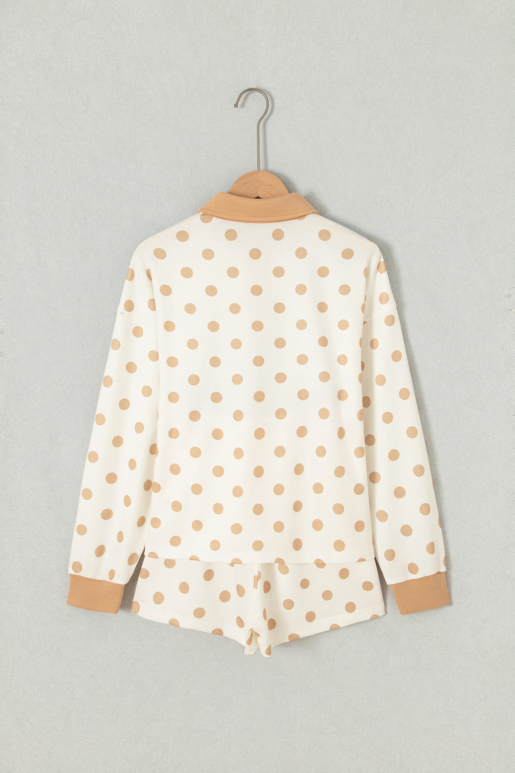 Sky Blue Polka Dot Drop Shoulder Polo Loose Pullover Patch Pocket Casual Shorts Set