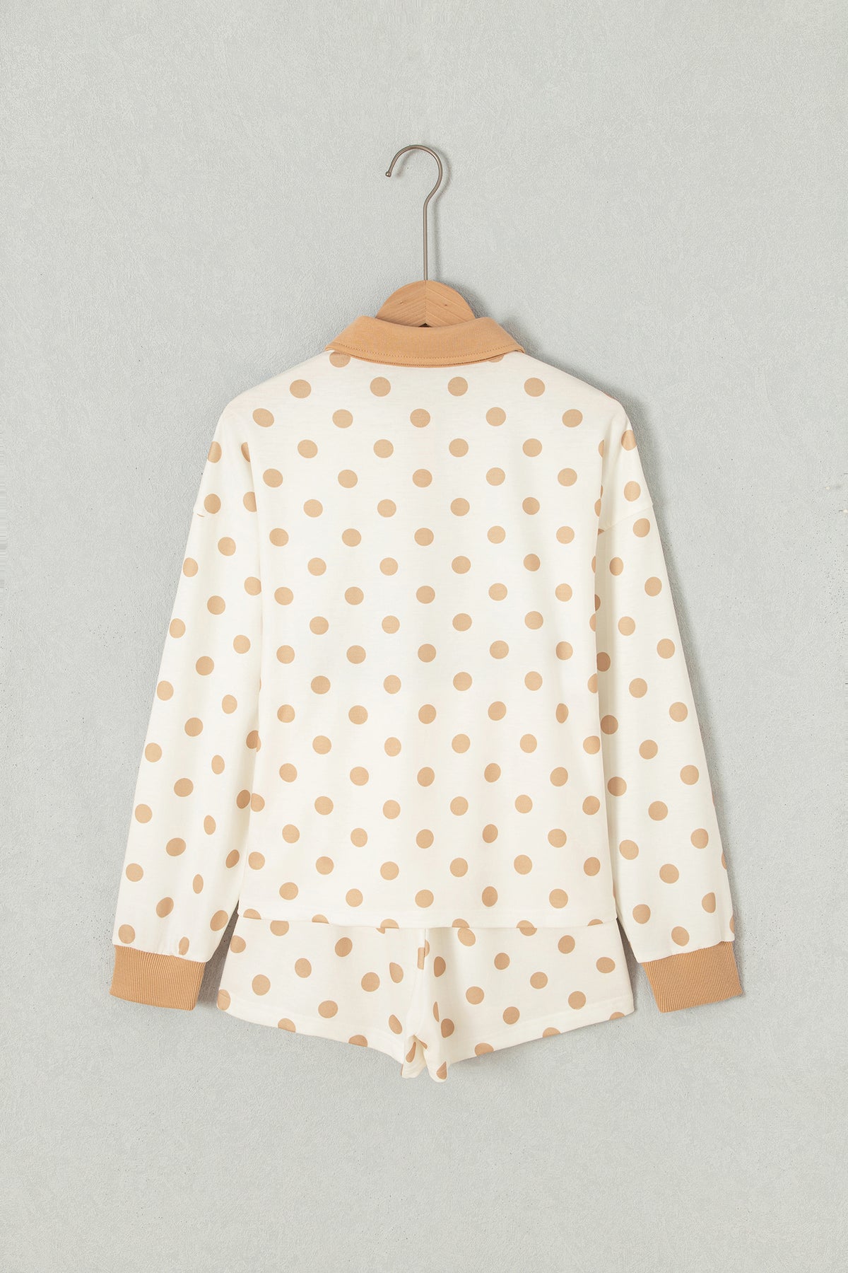 Sky Blue Polka Dot Drop Shoulder Polo Loose Pullover Patch Pocket Casual Shorts Set