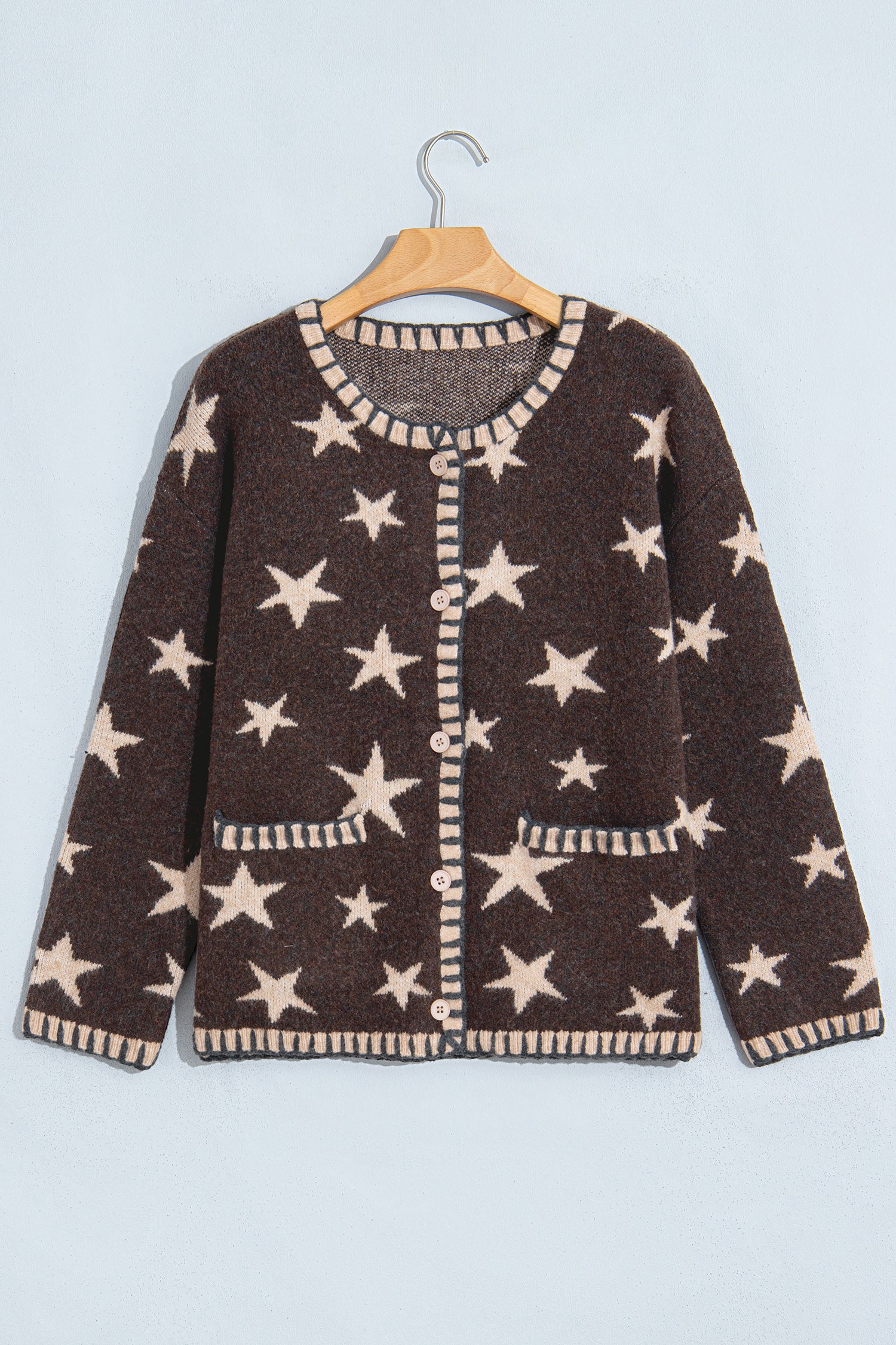 Brown Stars Pattern Colorblock Long Sleeve Shift Cardigan