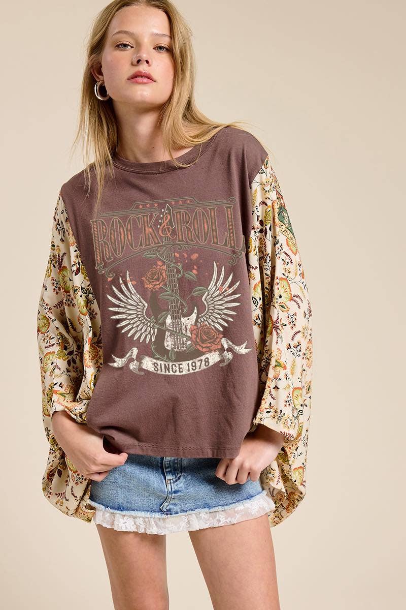Rock N Roll Vintage Graphic Rustic Sheer Sleeves Kaftan Top
