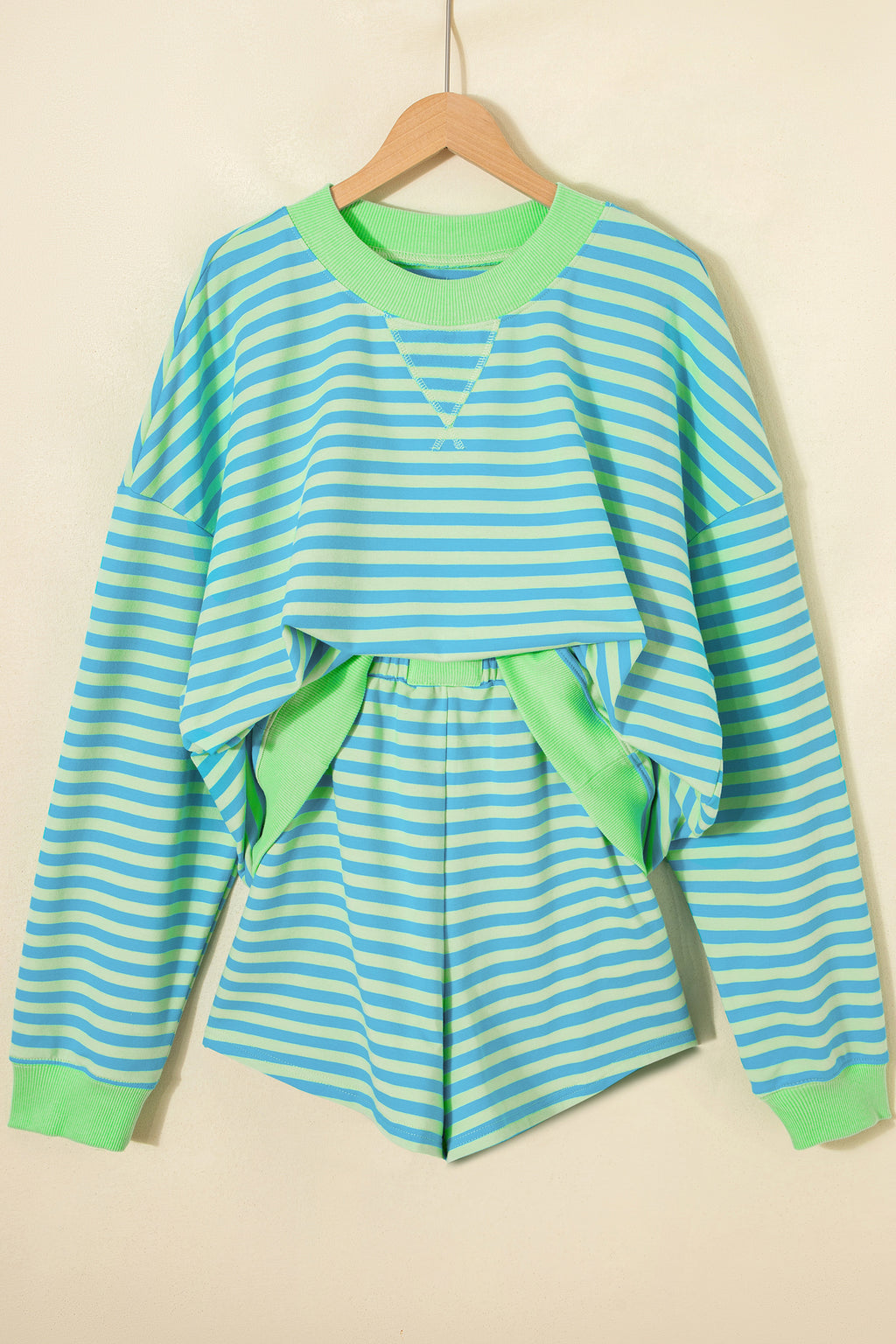 Yellow Stripe Color Block Detail Long Sleeve Pullover Elastic Waist Pull On Shorts 2pcs Set