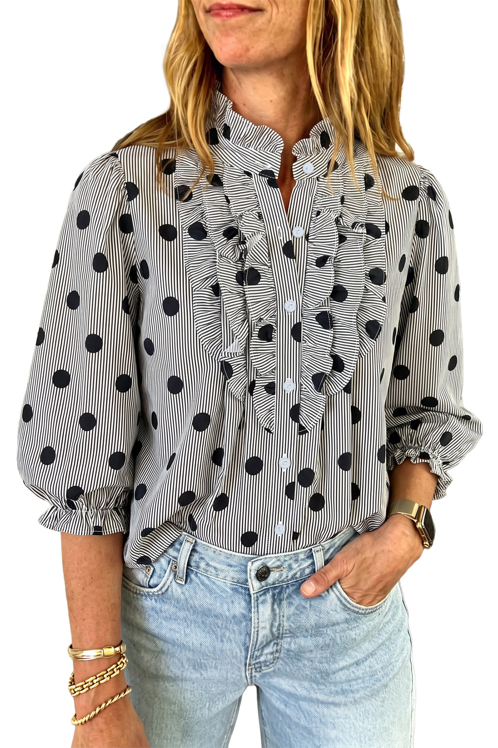 Sky Blue Polka Dot Print Ruffle Stand Neck 3/4 Sleeve Shift Shirt