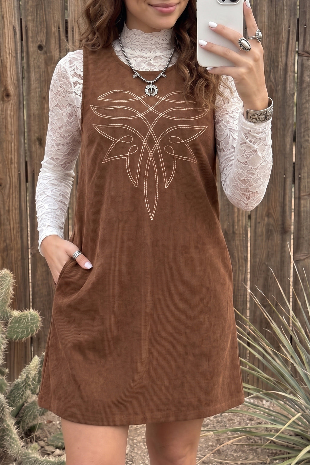 Coffee Geometric Embroidery Sleeveless Corduroy Shift Dress