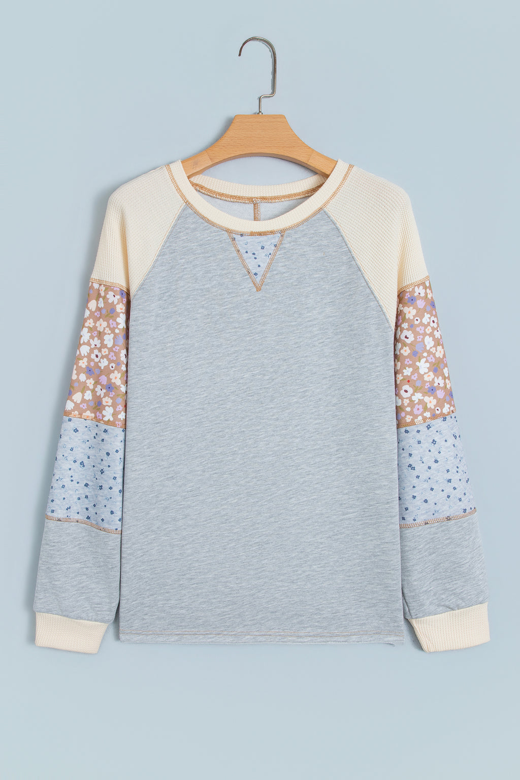 Light Grey Color Block Floral Waffle Mixed Patchwork Long Sleeve Top