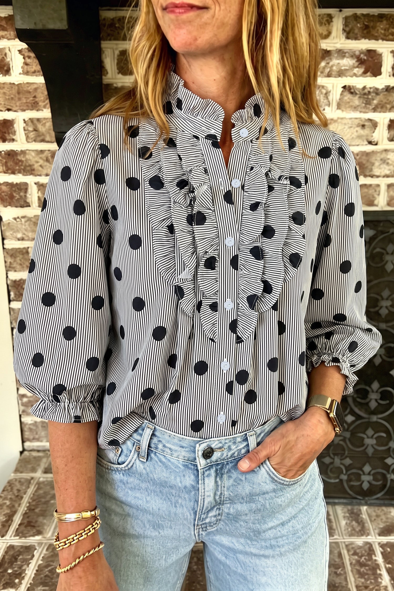 Sky Blue Polka Dot Print Ruffle Stand Neck 3/4 Sleeve Shift Shirt