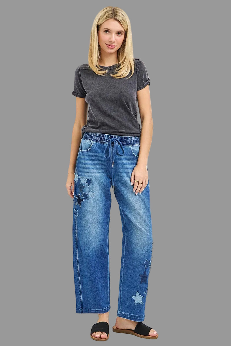 RISEN Elastic Band Slouchy Cropped Barrel with Star Patch