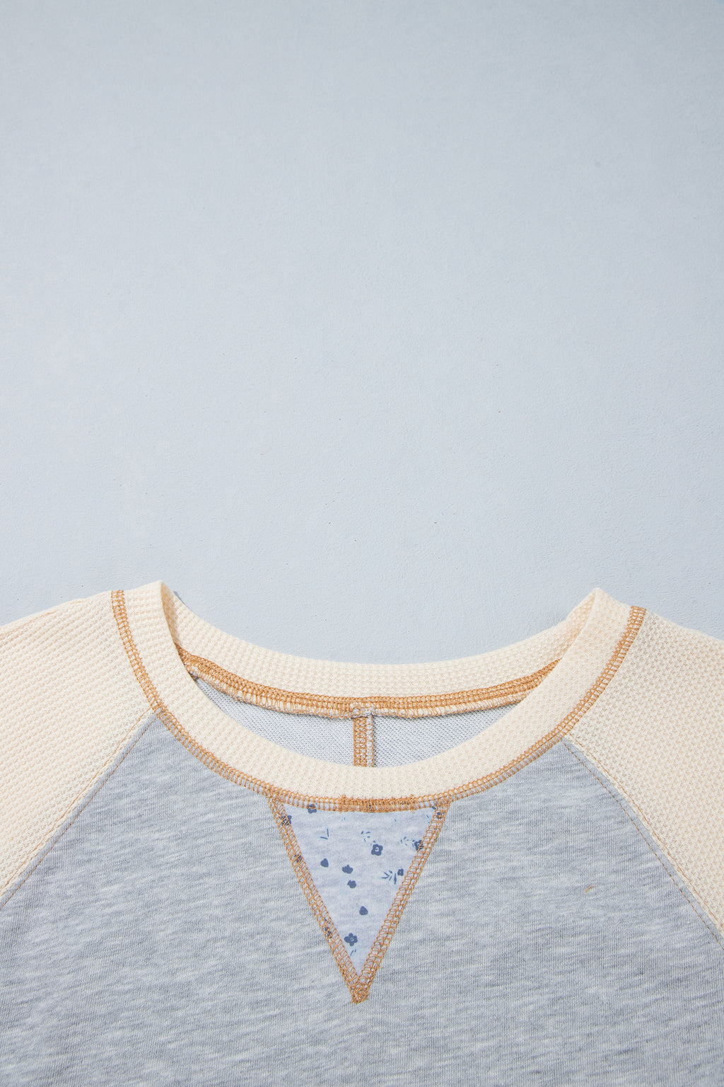 Light Grey Color Block Floral Waffle Mixed Patchwork Long Sleeve Top
