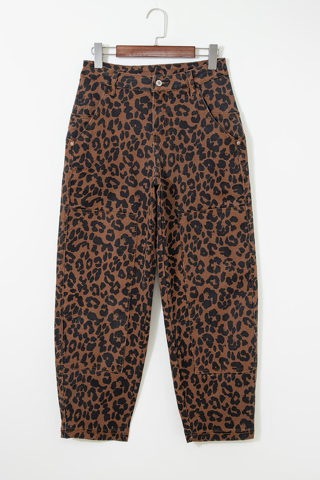 Brown Clear Seam Detail Patchwork Leopard Print Barrel Jeans