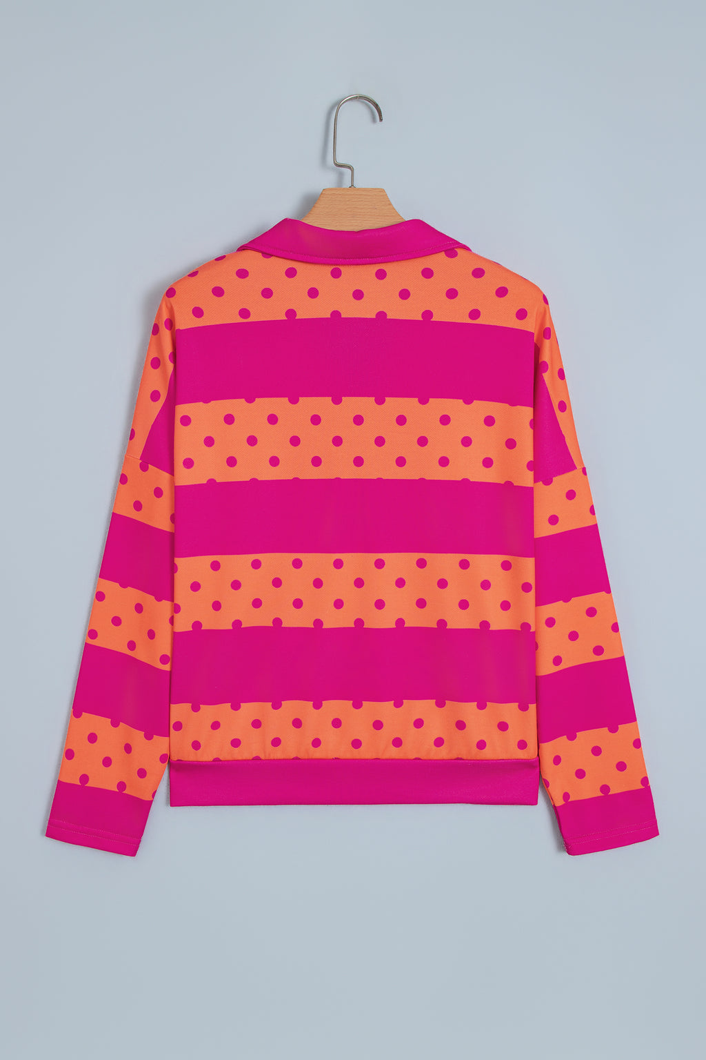 Pink Stripe Patchwork Polka Dot Accent Quarter Zip Long Sleeve Top