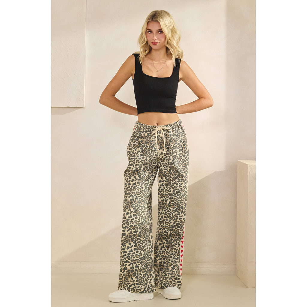 Leopard Printed Striped Wide Legged Pants