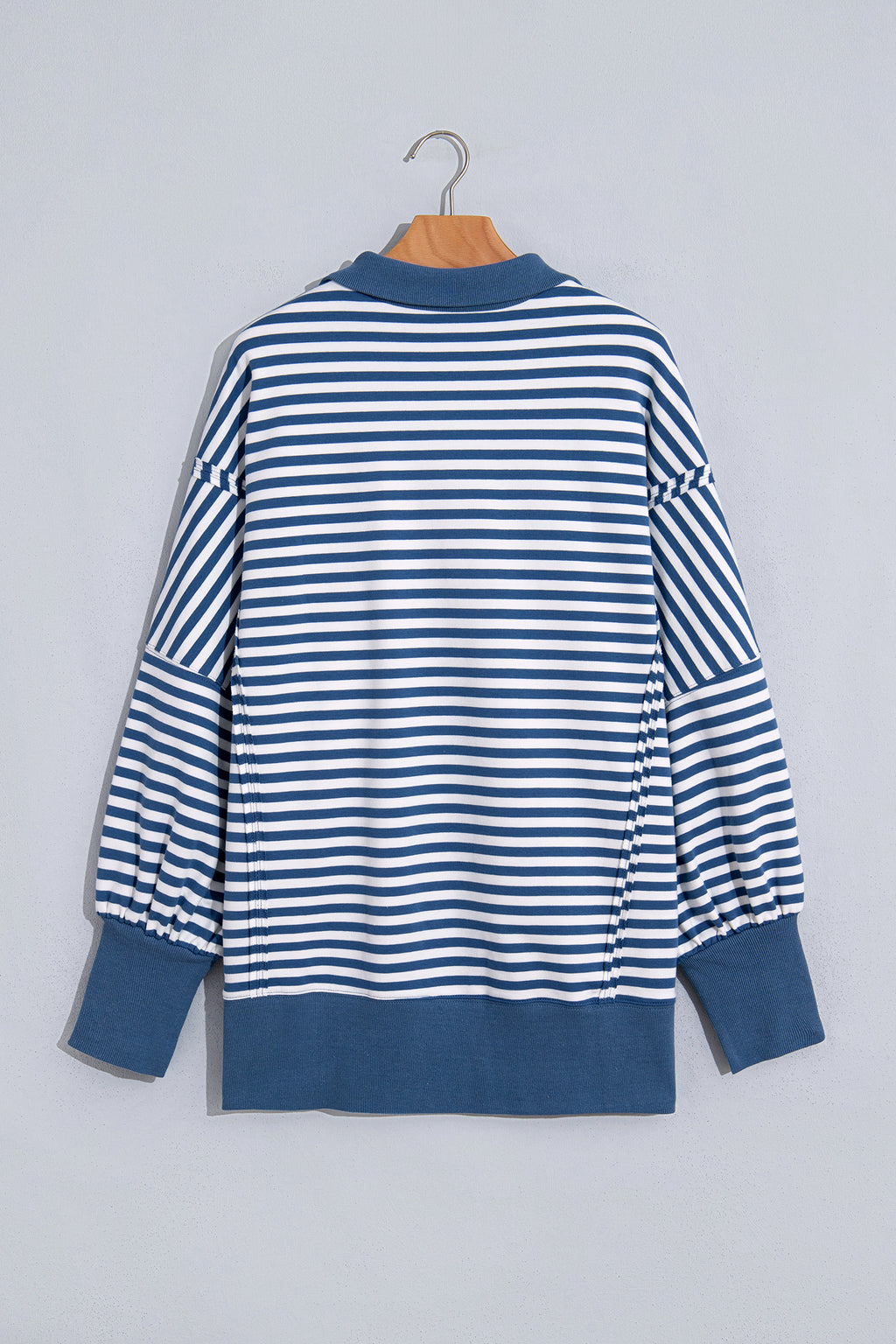 Blue Stripe Color Block Trim Raw Seam Split Hem Loose Pullover Sweatshirt