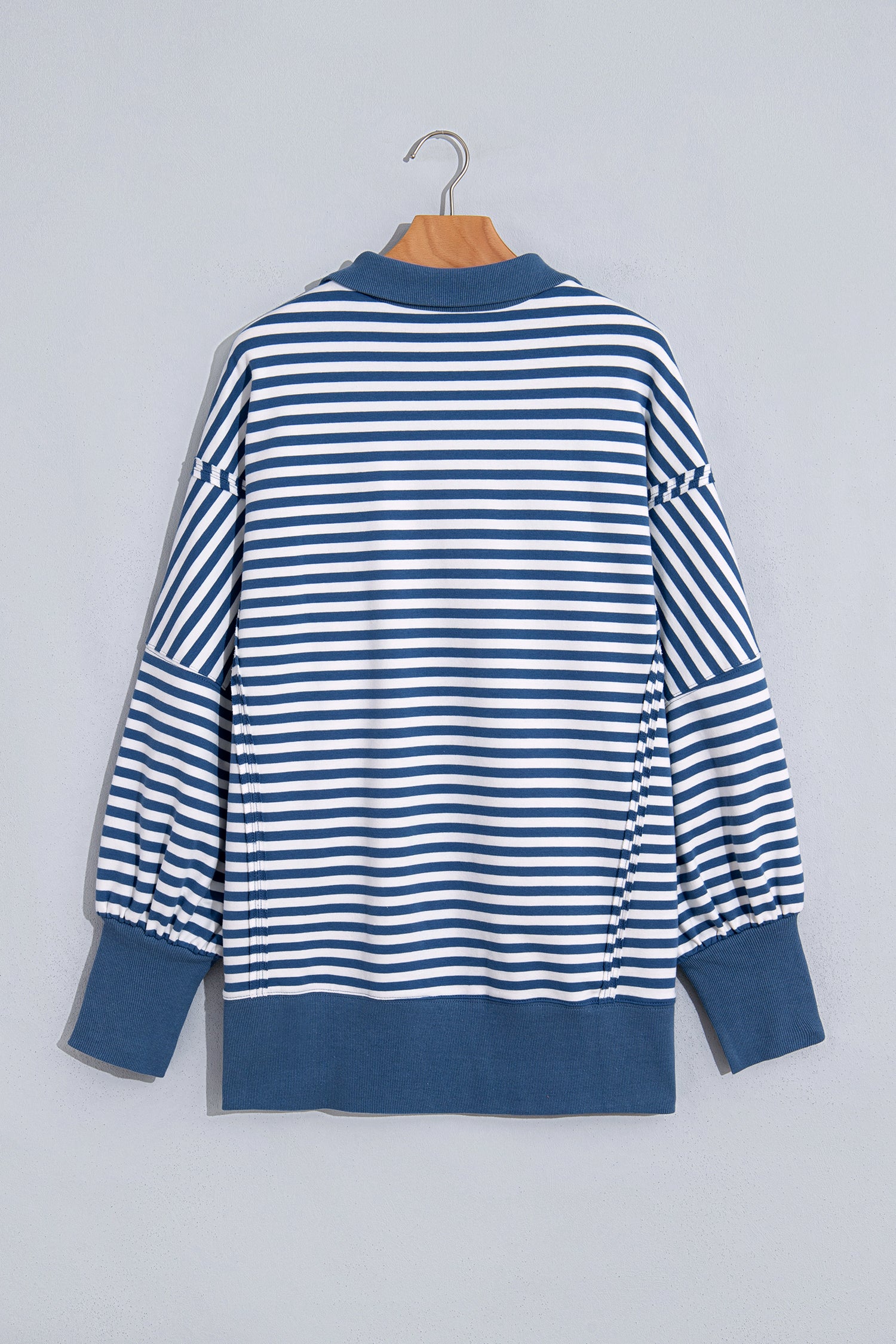 Blue Stripe Color Block Trim Raw Seam Split Hem Loose Pullover Sweatshirt
