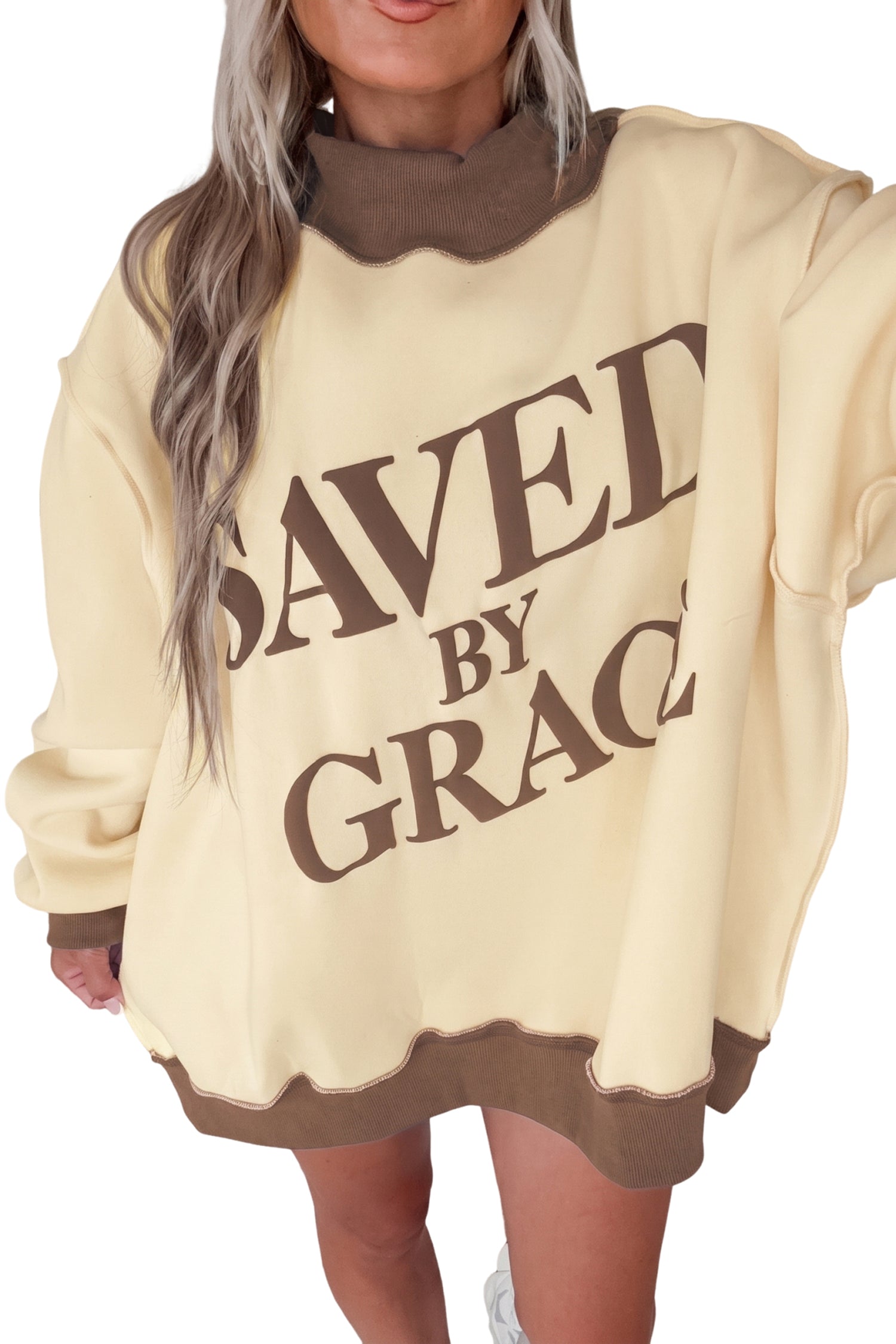 Beige Saved By Grace Print Color Block Mock Neck Oversized Sweatshirt