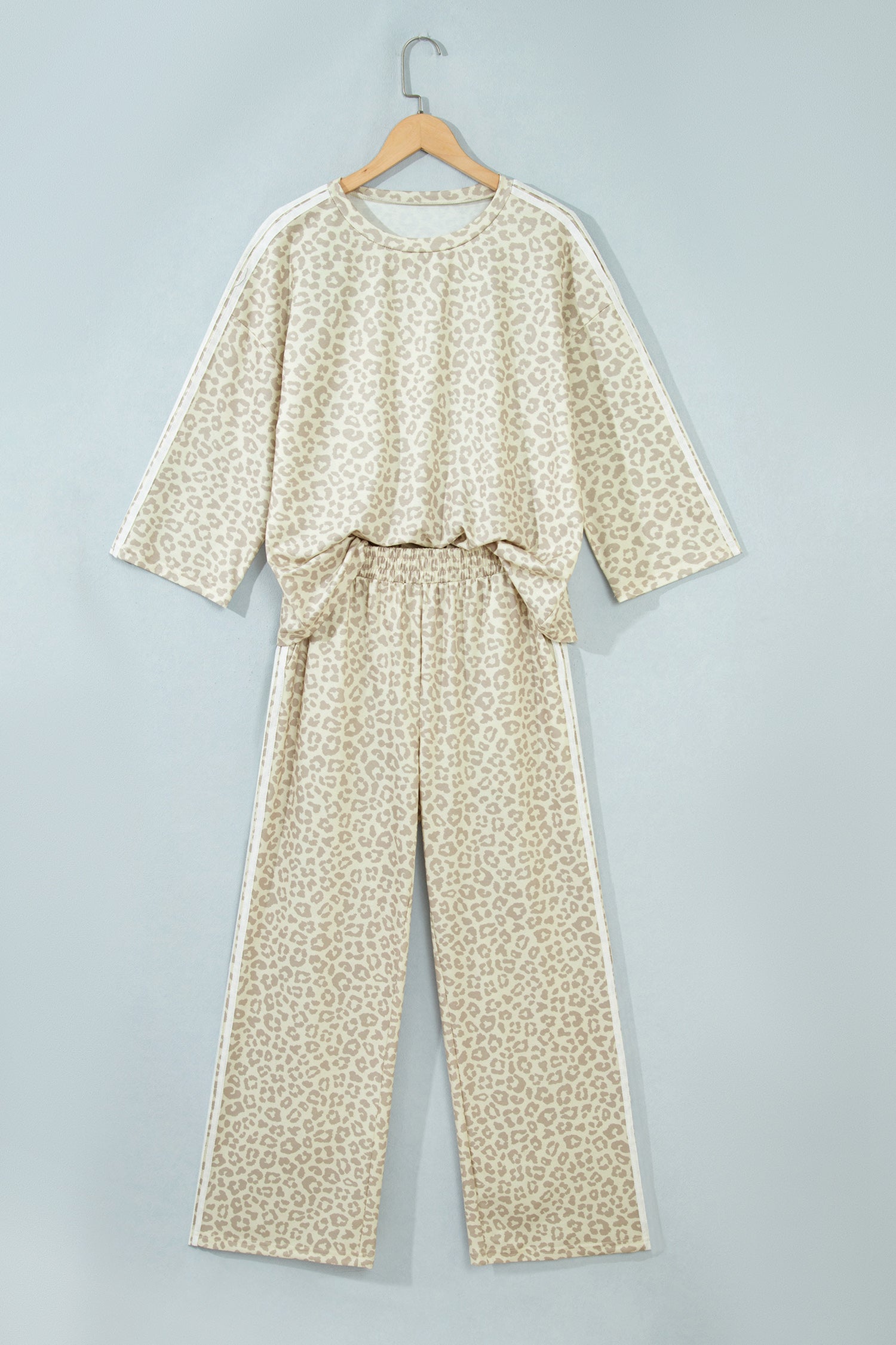 Gray Leopard Print Varsity Striped Detail 3/4 Sleeve Top Shift Pant Set