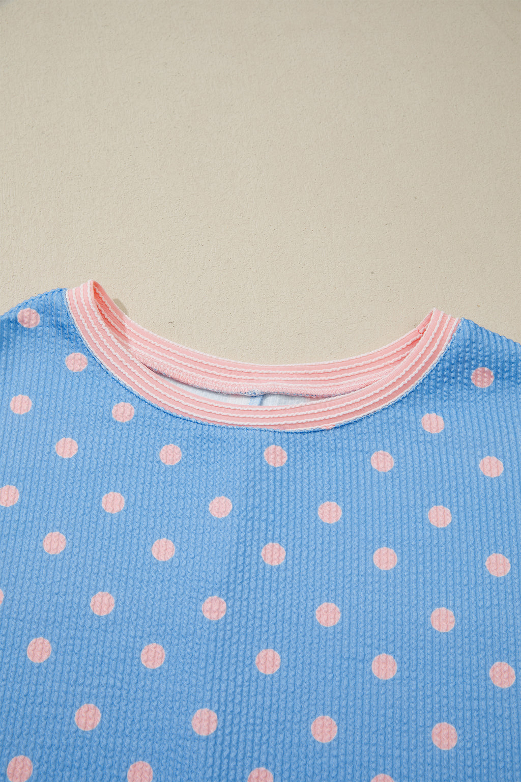 Sky Blue Raised Rib Polka Dot Print Cuffed Short Sleeve Top