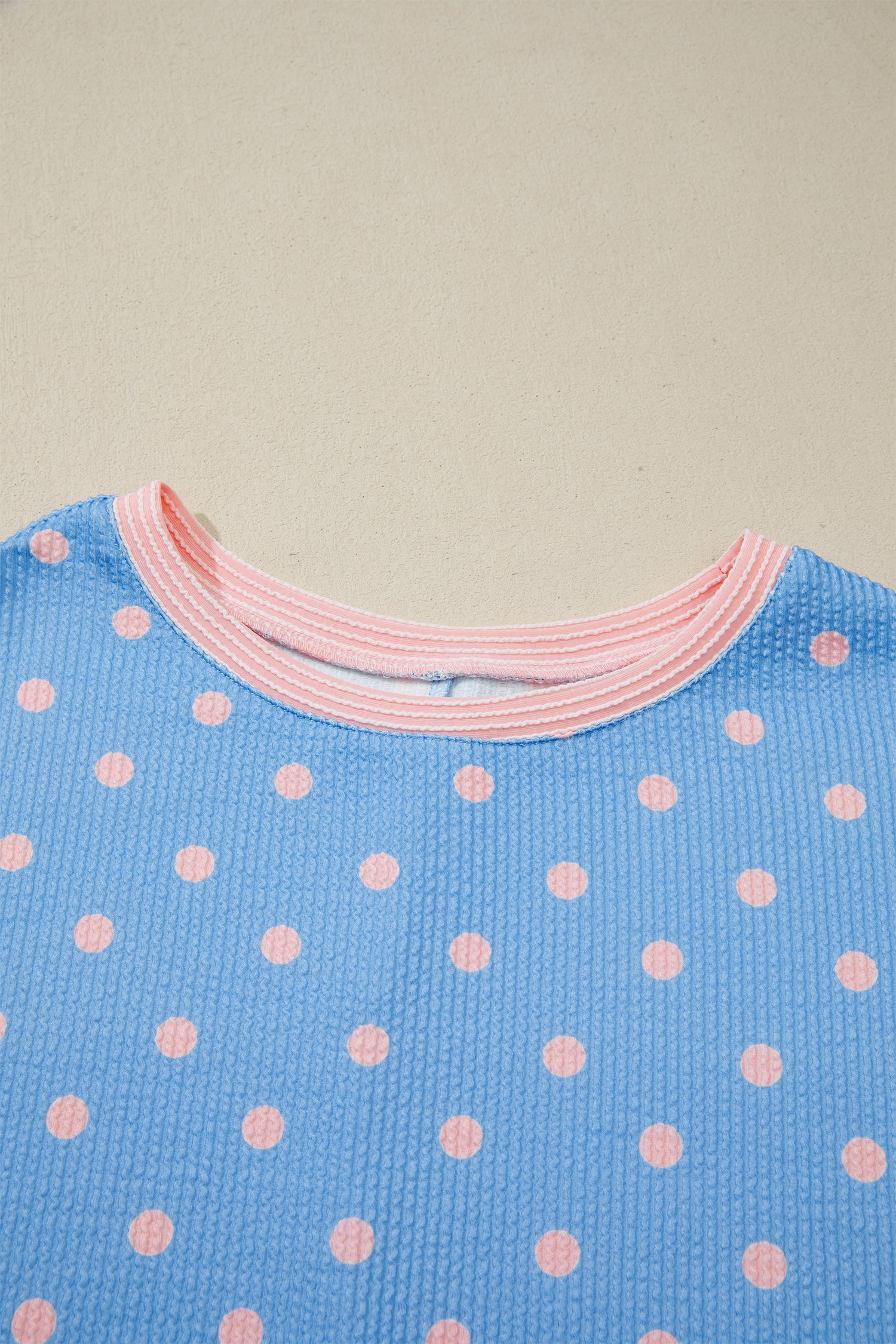 Sky Blue Raised Rib Polka Dot Print Cuffed Short Sleeve Top