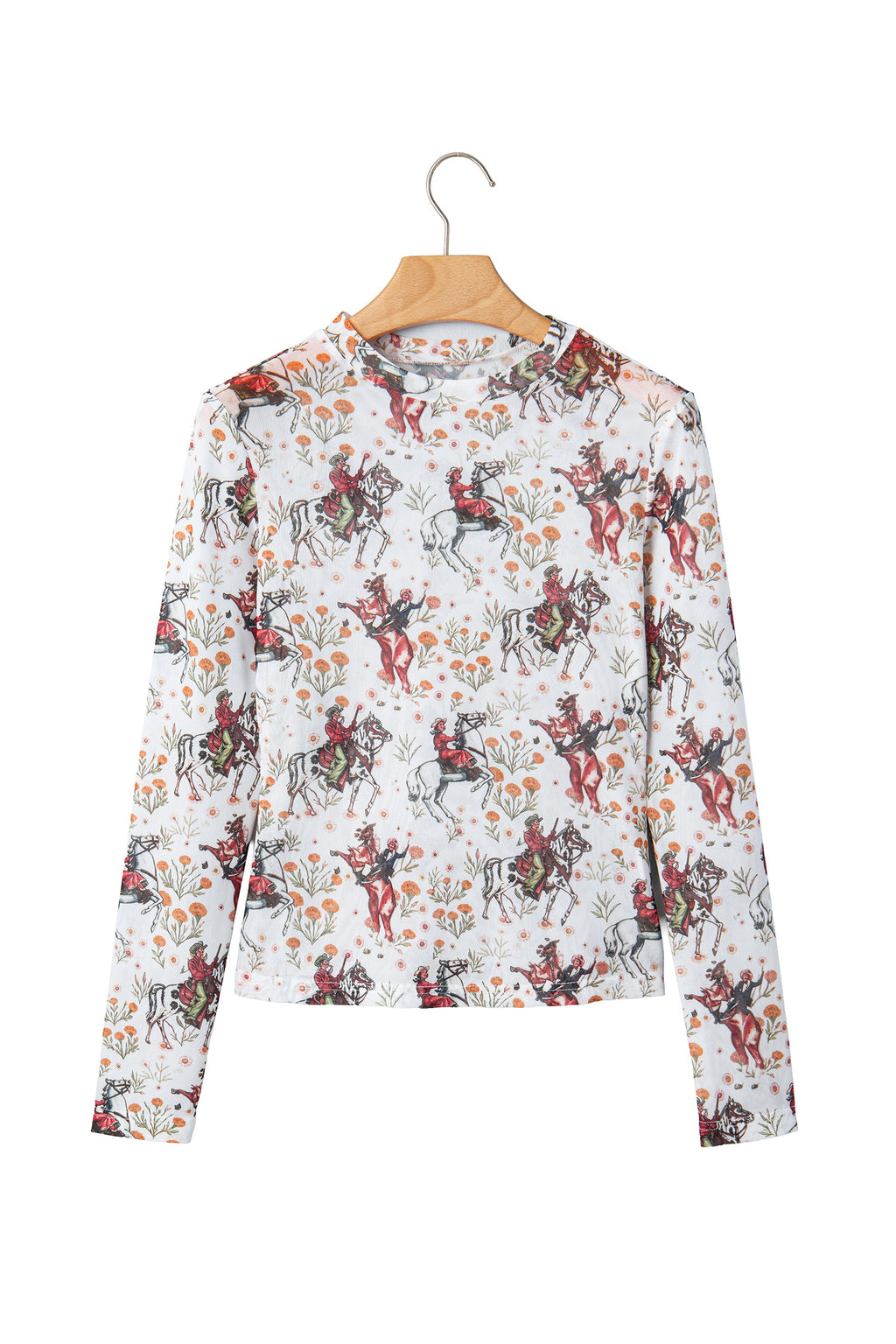 Beige Western Cowboy Floral Print Sheer Mesh Long Sleeve Top