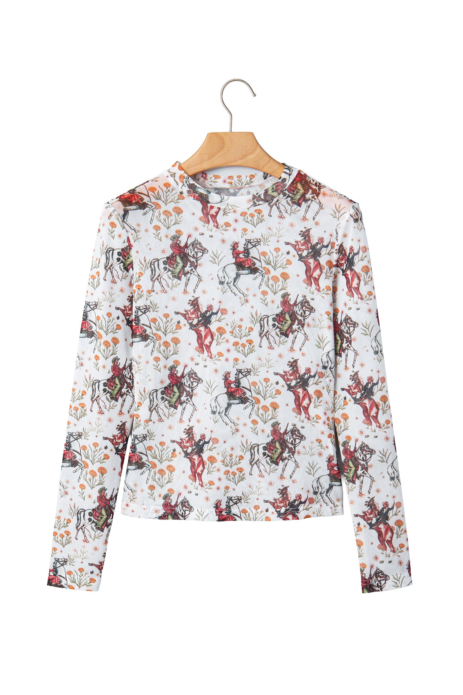 Beige Western Cowboy Floral Print Sheer Mesh Long Sleeve Top