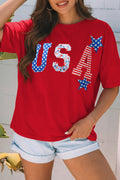 Fiery Red Patriotic USA Slogan Patch Embroidery Short Sleeve T Shirt