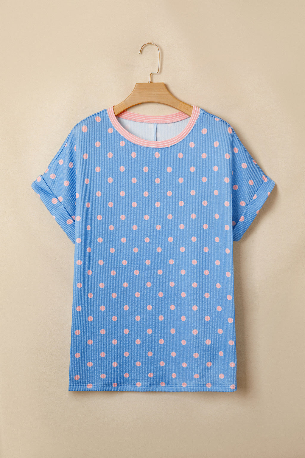 Sky Blue Raised Rib Polka Dot Print Cuffed Short Sleeve Top