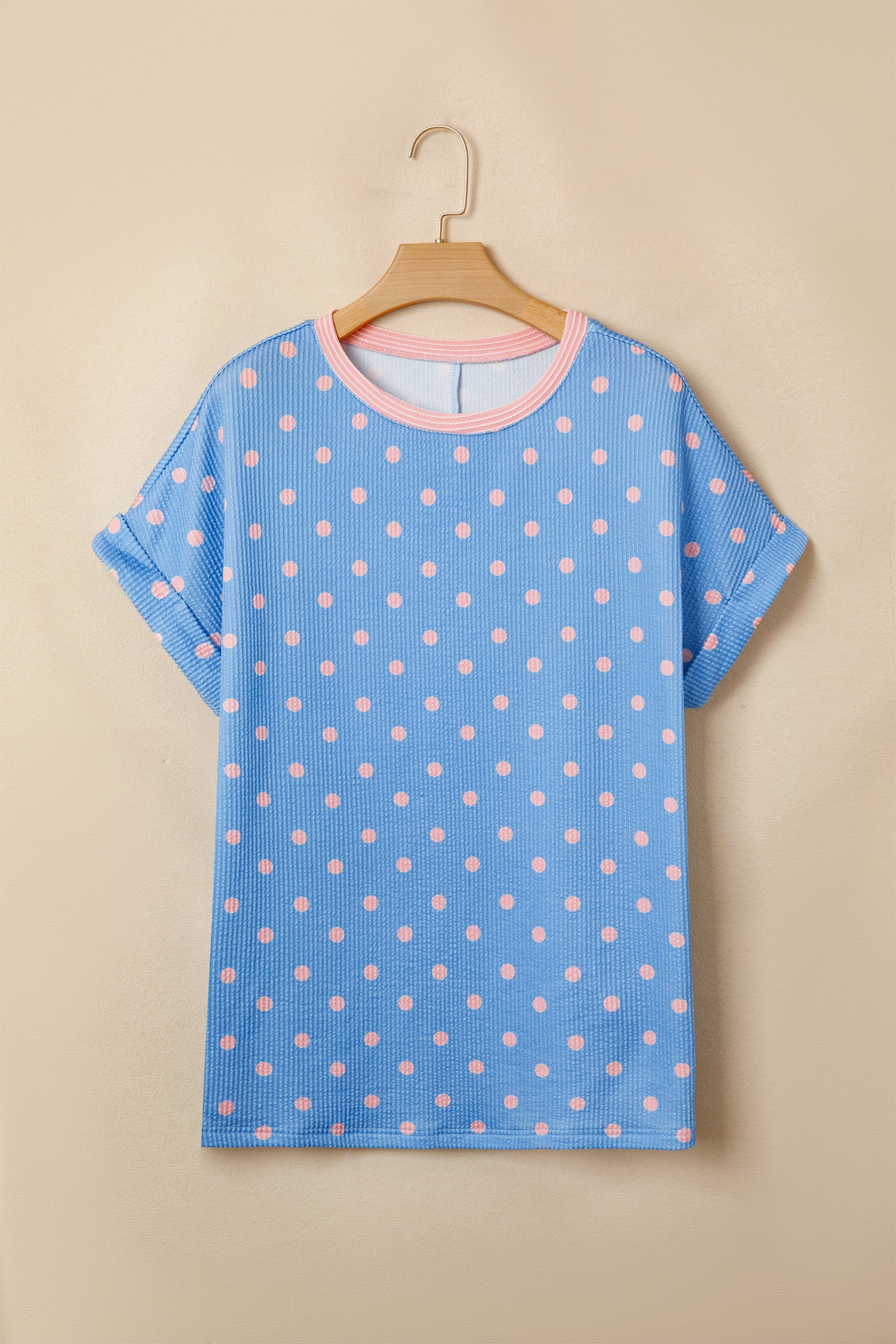 Sky Blue Raised Rib Polka Dot Print Cuffed Short Sleeve Top