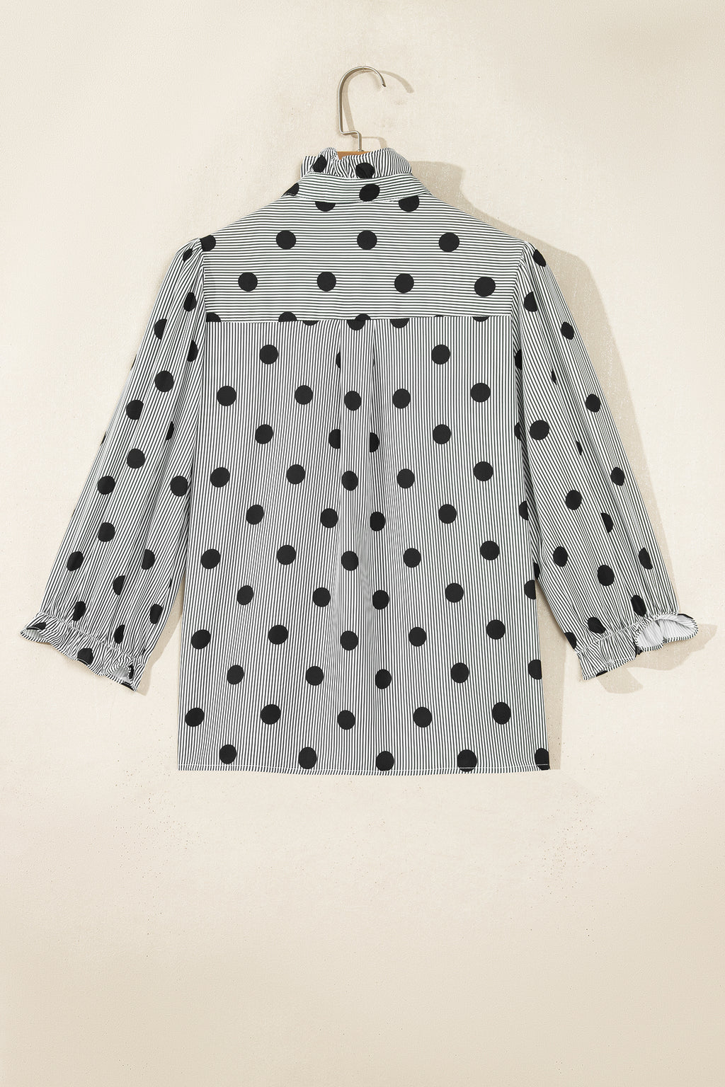 Sky Blue Polka Dot Print Ruffle Stand Neck 3/4 Sleeve Shift Shirt