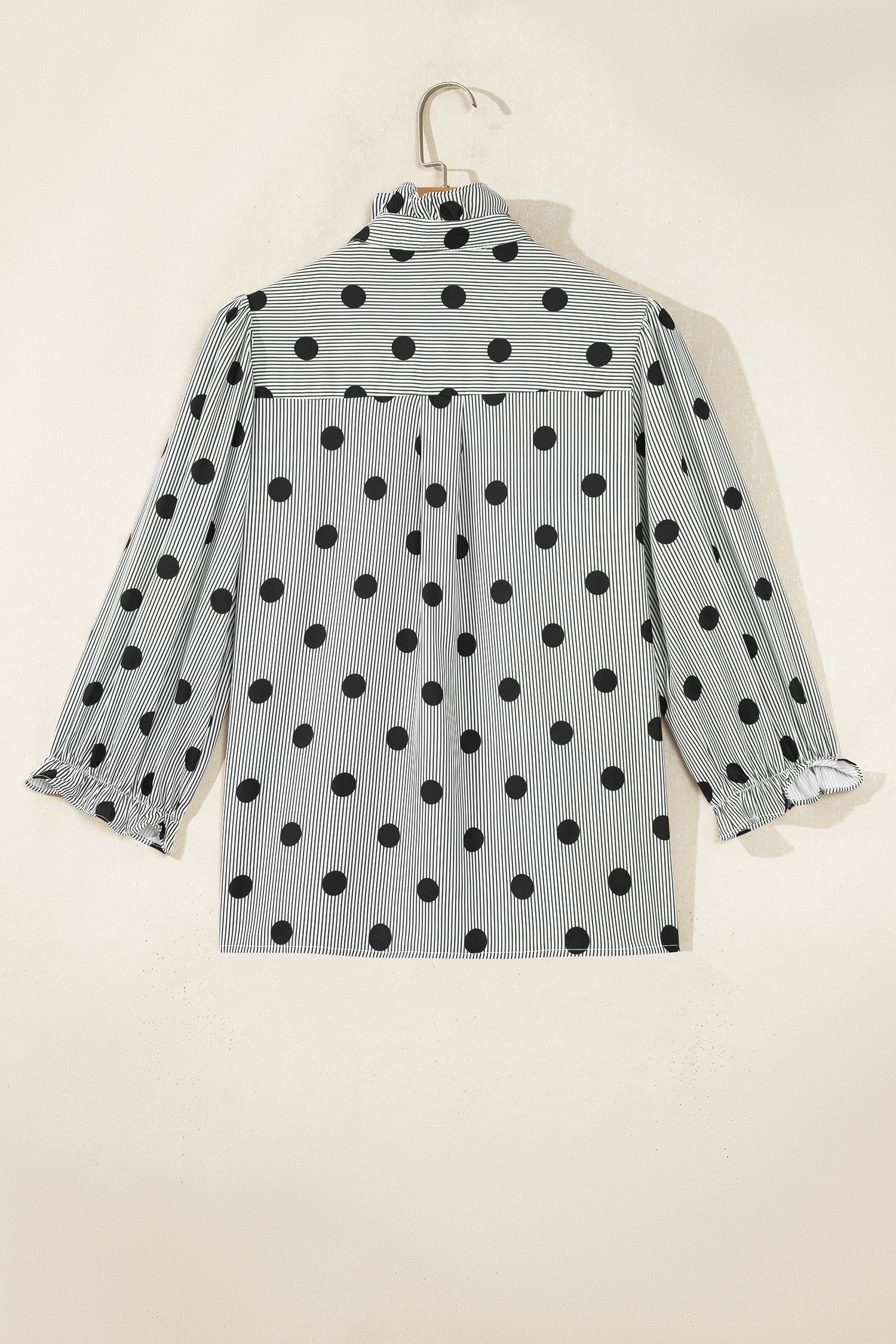 Sky Blue Polka Dot Print Ruffle Stand Neck 3/4 Sleeve Shift Shirt