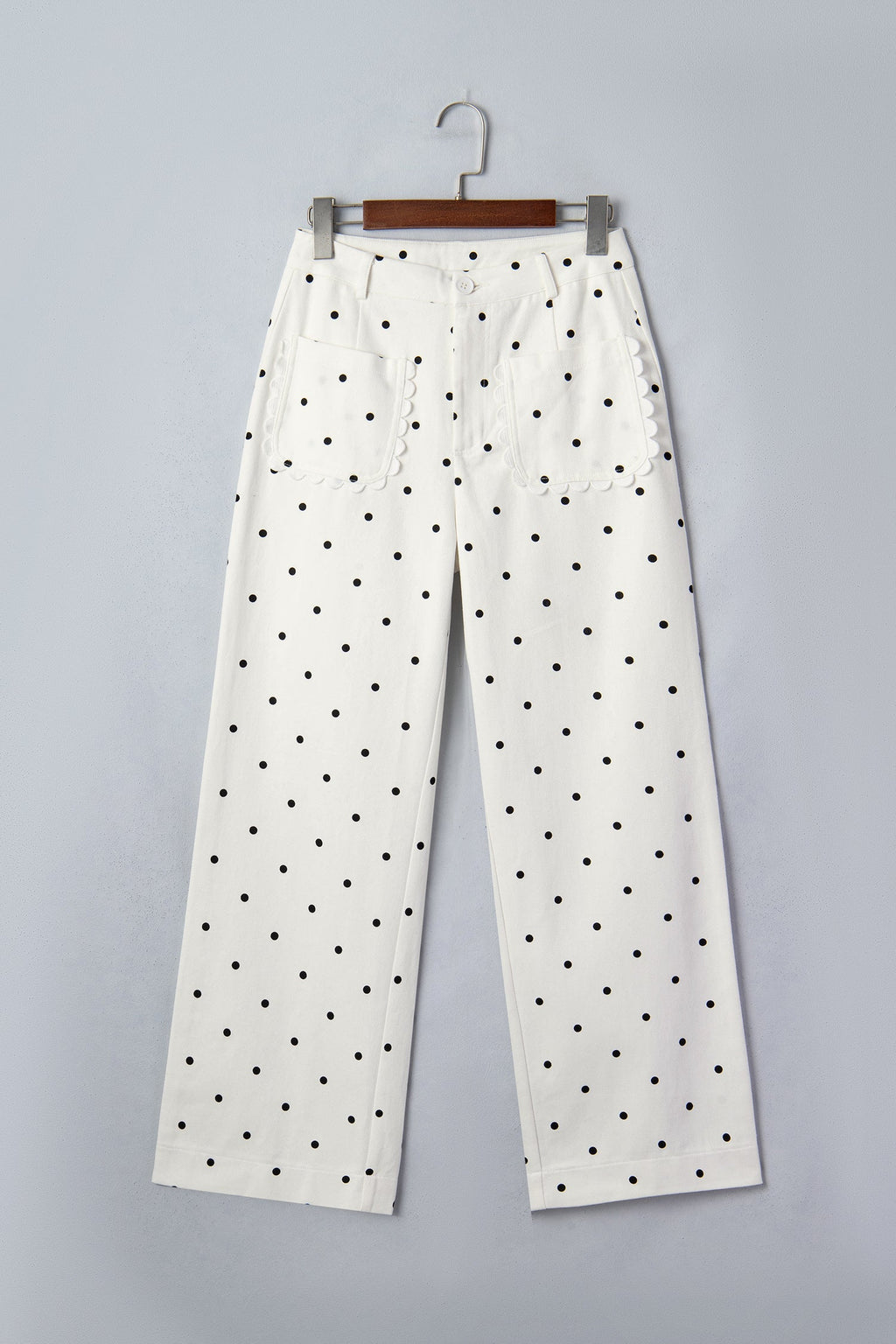 White Polka Dot Print Scalloped Patch Pocket Cotton Shift Pants